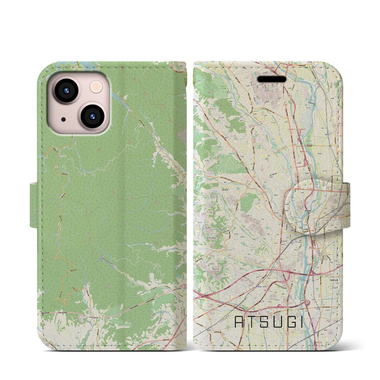 【厚木(神奈川県)】地図柄iPhoneケース(手帳タイプ)ナチュラル・iPhone 13 mini 用