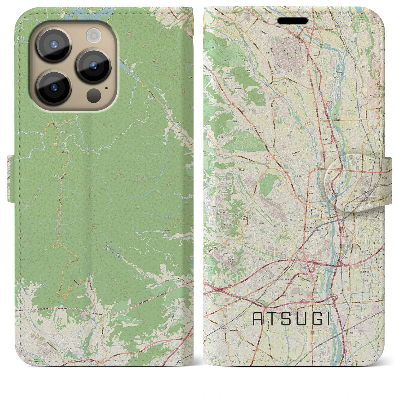 【厚木(神奈川県)】地図柄iPhoneケース(手帳タイプ)ナチュラル・iPhone 14 Pro Max 用
