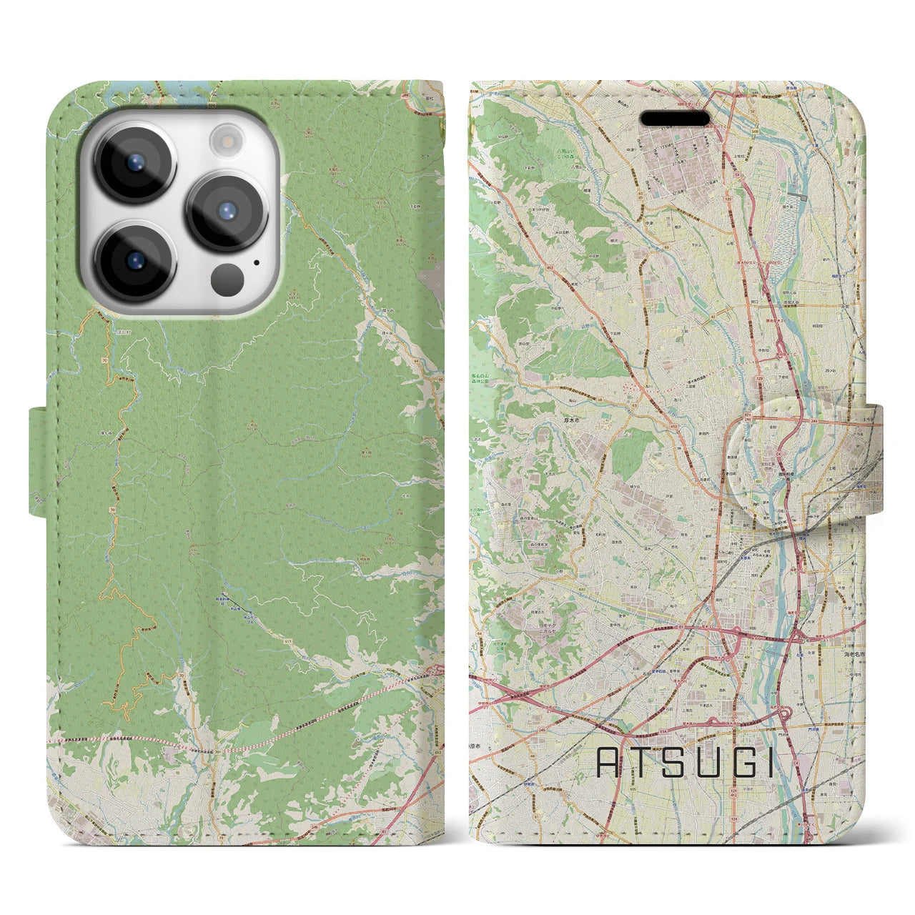 【厚木(神奈川県)】地図柄iPhoneケース(手帳タイプ)ナチュラル・iPhone 14 Pro 用