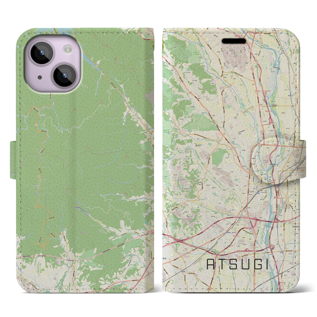 【厚木(神奈川県)】地図柄iPhoneケース(手帳タイプ)ナチュラル・iPhone 14 用