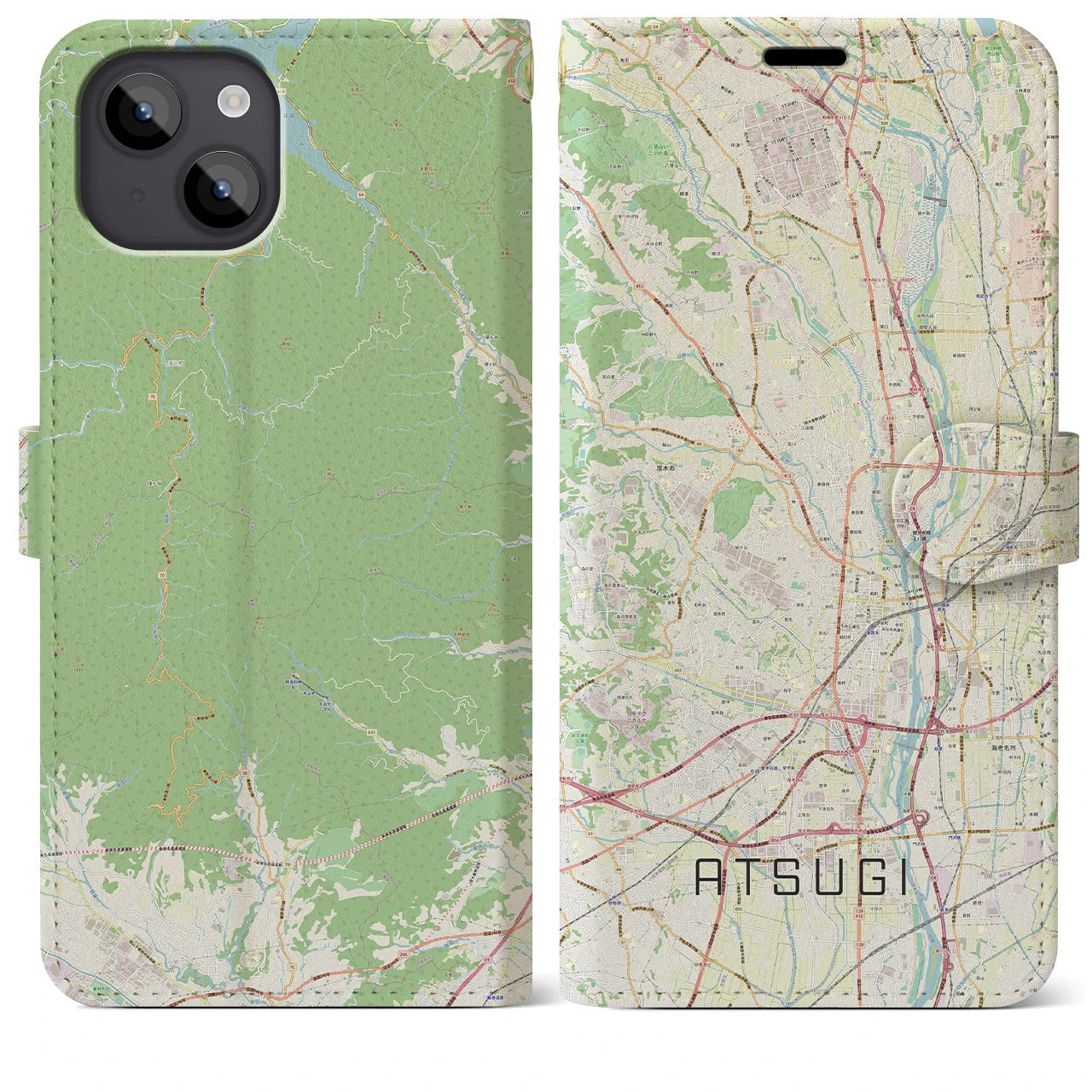 【厚木(神奈川県)】地図柄iPhoneケース(手帳タイプ)ナチュラル・iPhone 14 Plus 用