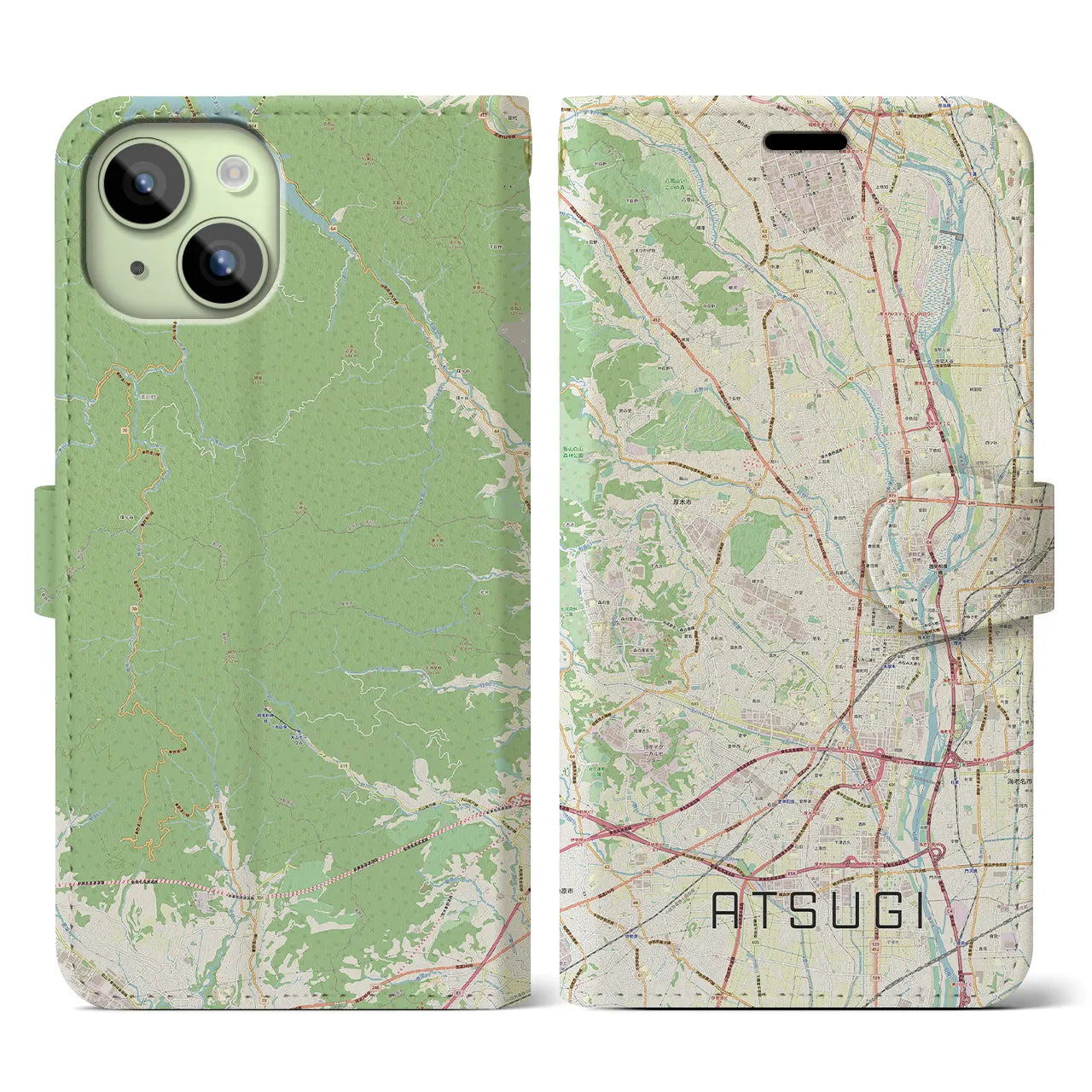【厚木(神奈川県)】地図柄iPhoneケース(手帳タイプ)ナチュラル・iPhone 15 用