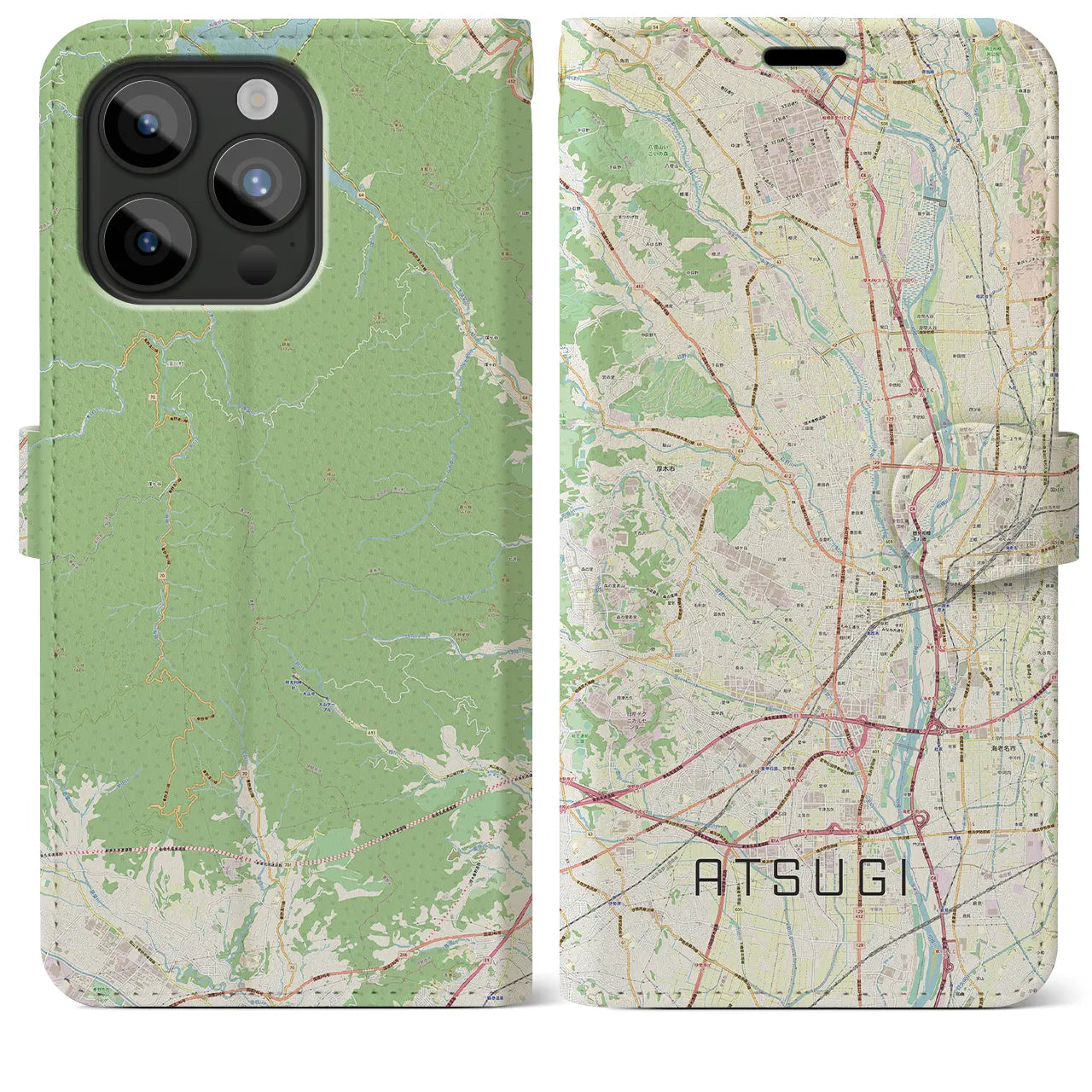 【厚木(神奈川県)】地図柄iPhoneケース(手帳タイプ)ナチュラル・iPhone 15 Pro Max 用