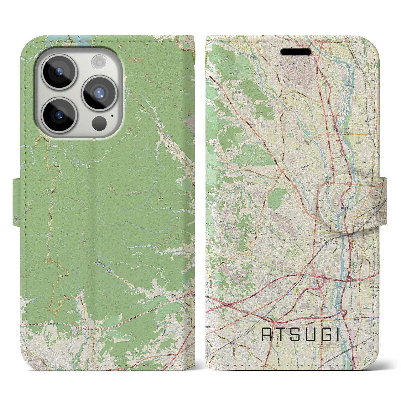 【厚木(神奈川県)】地図柄iPhoneケース(手帳タイプ)ナチュラル・iPhone 15 Pro 用