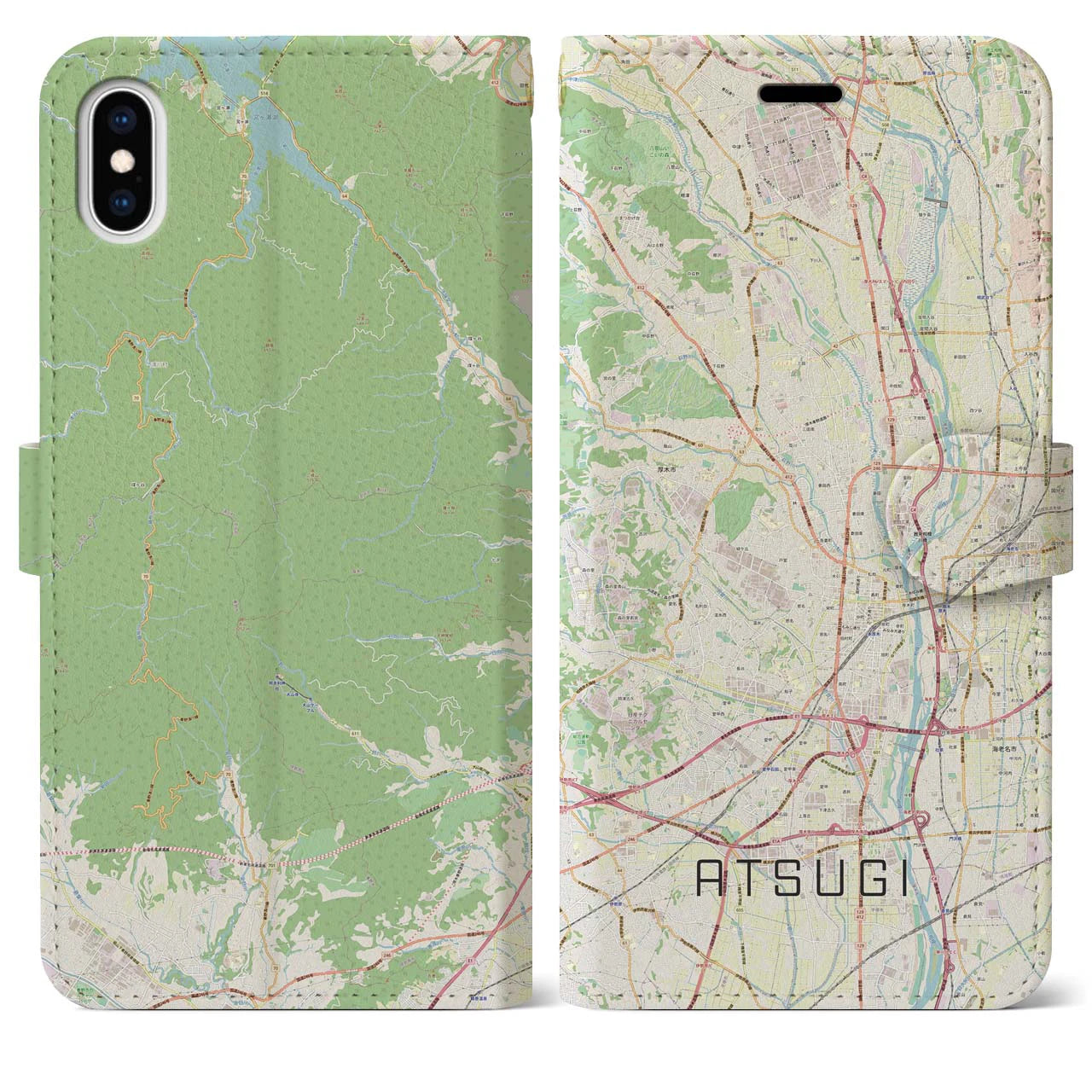 【厚木(神奈川県)】地図柄iPhoneケース(手帳タイプ)ナチュラル・iPhone XS Max 用