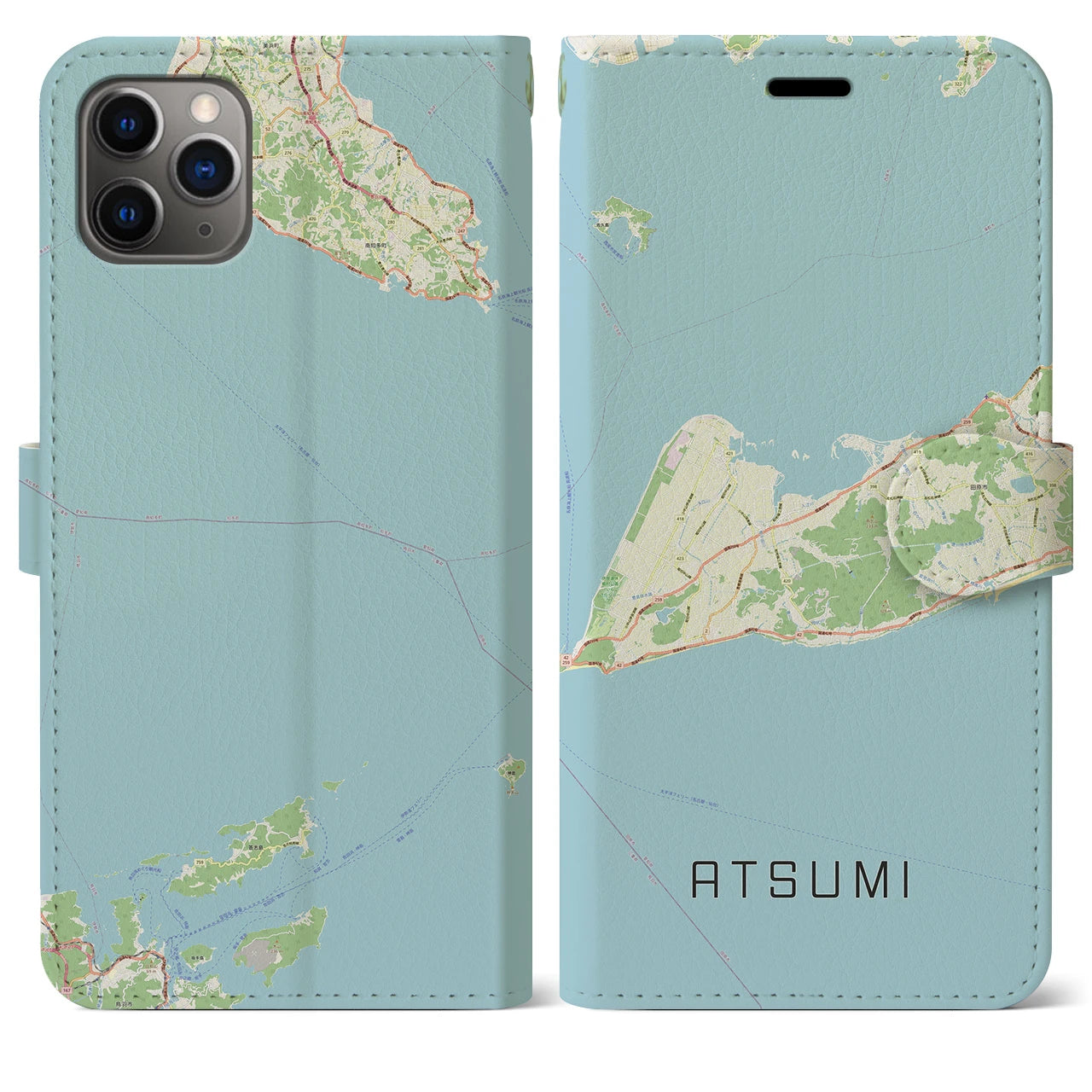 【渥美(愛知県)】地図柄iPhoneケース(手帳タイプ)ナチュラル・iPhone 11 Pro Max 用