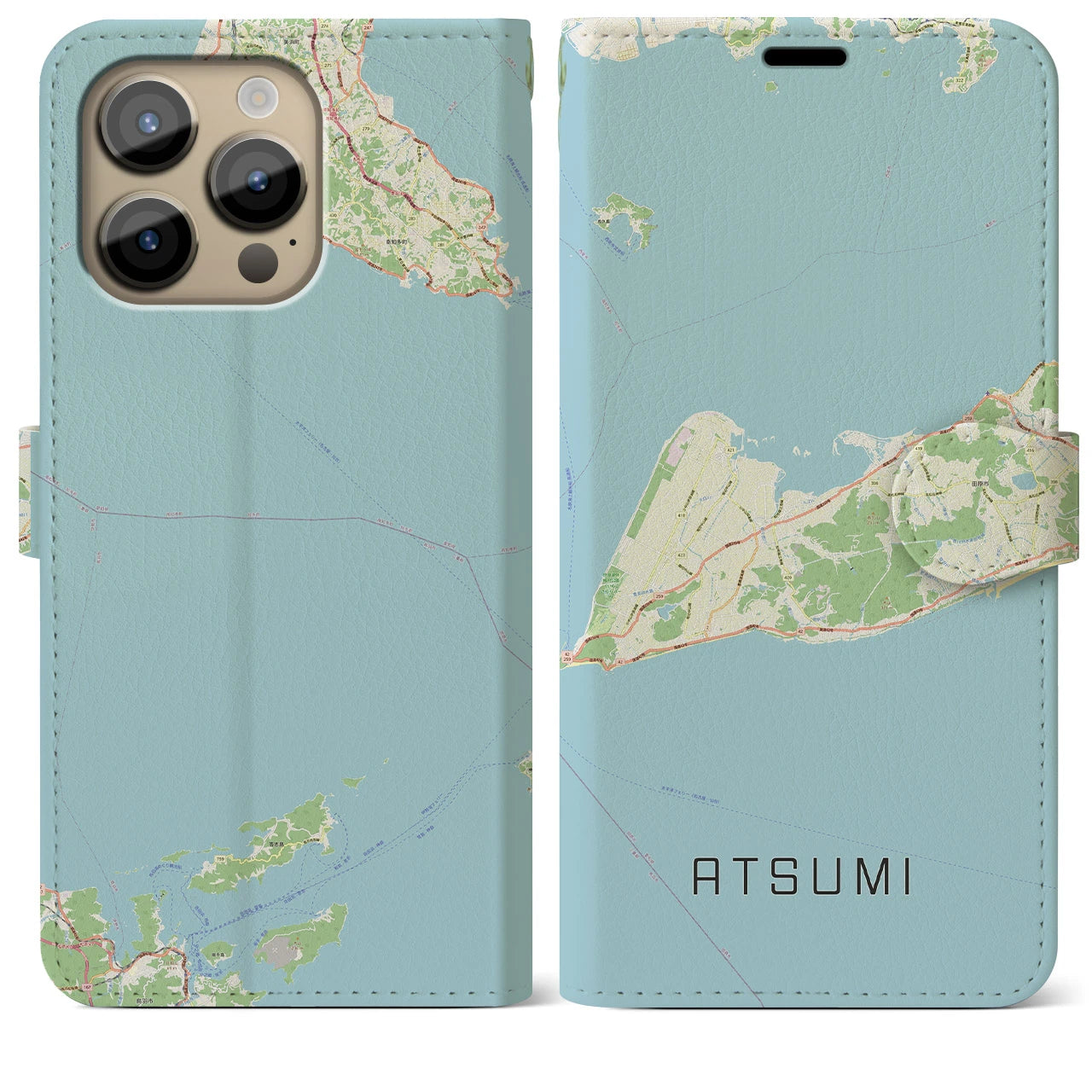 【渥美(愛知県)】地図柄iPhoneケース(手帳タイプ)ナチュラル・iPhone 14 Pro Max 用