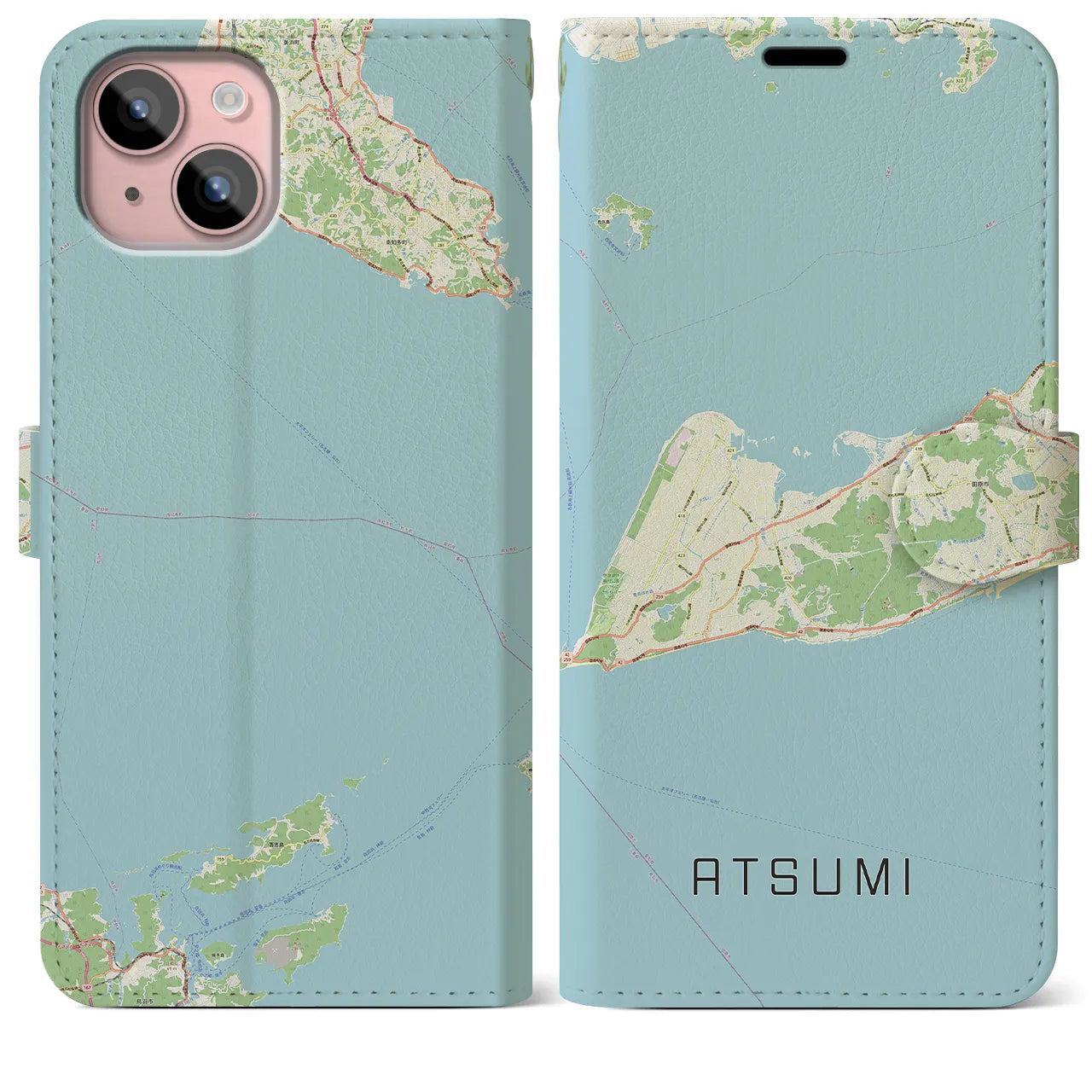 【渥美(愛知県)】地図柄iPhoneケース(手帳タイプ)ナチュラル・iPhone 15 Plus 用