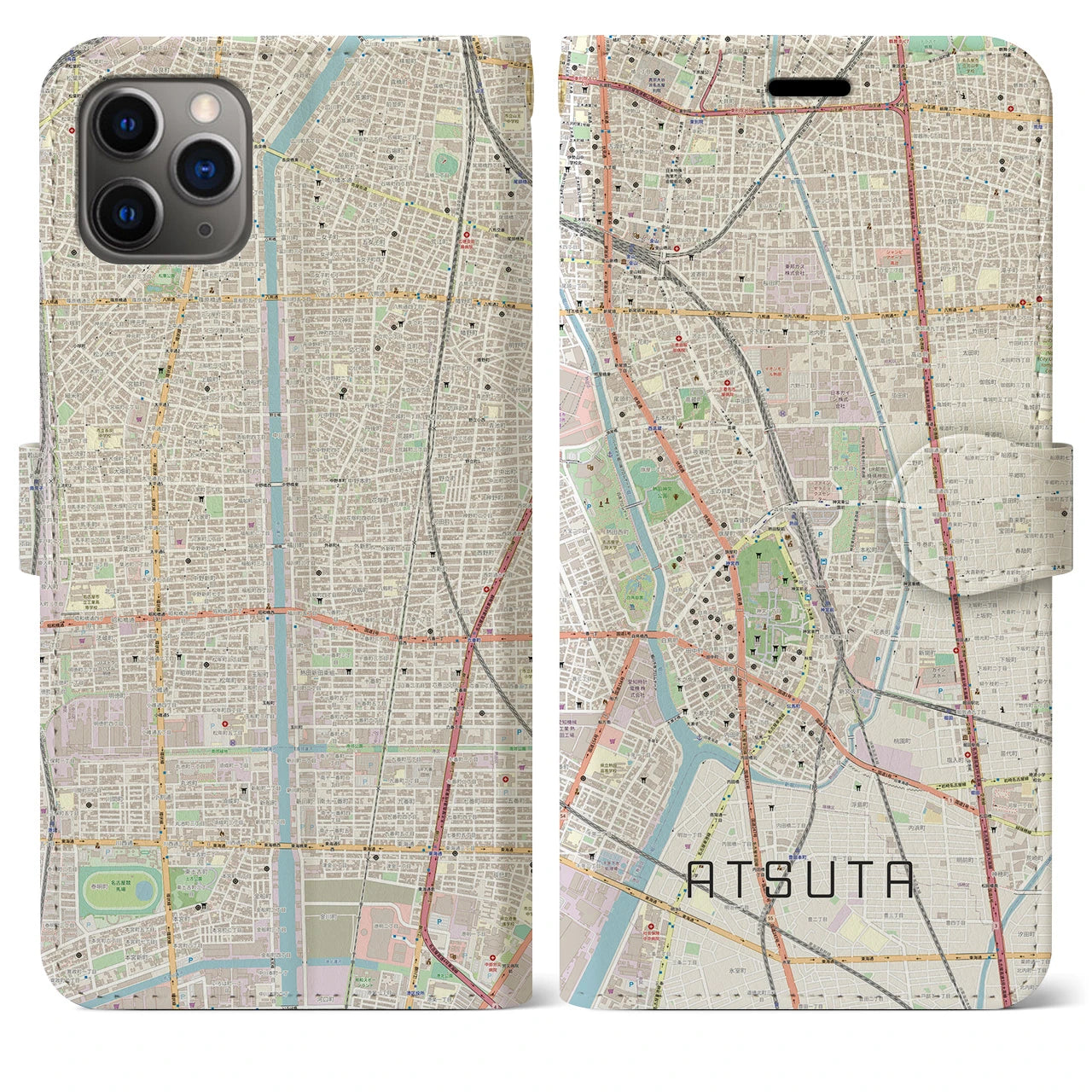 【熱田(愛知県)】地図柄iPhoneケース(手帳タイプ)ナチュラル・iPhone 11 Pro Max 用