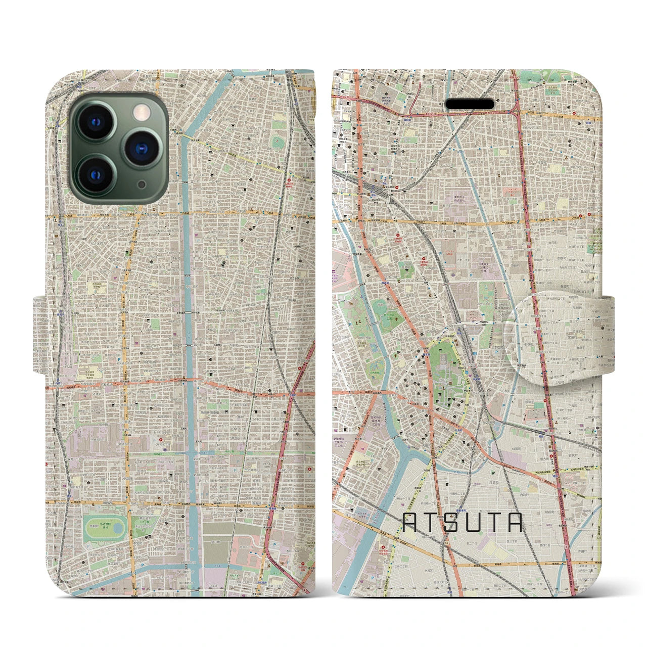 【熱田(愛知県)】地図柄iPhoneケース(手帳タイプ)ナチュラル・iPhone 11 Pro 用