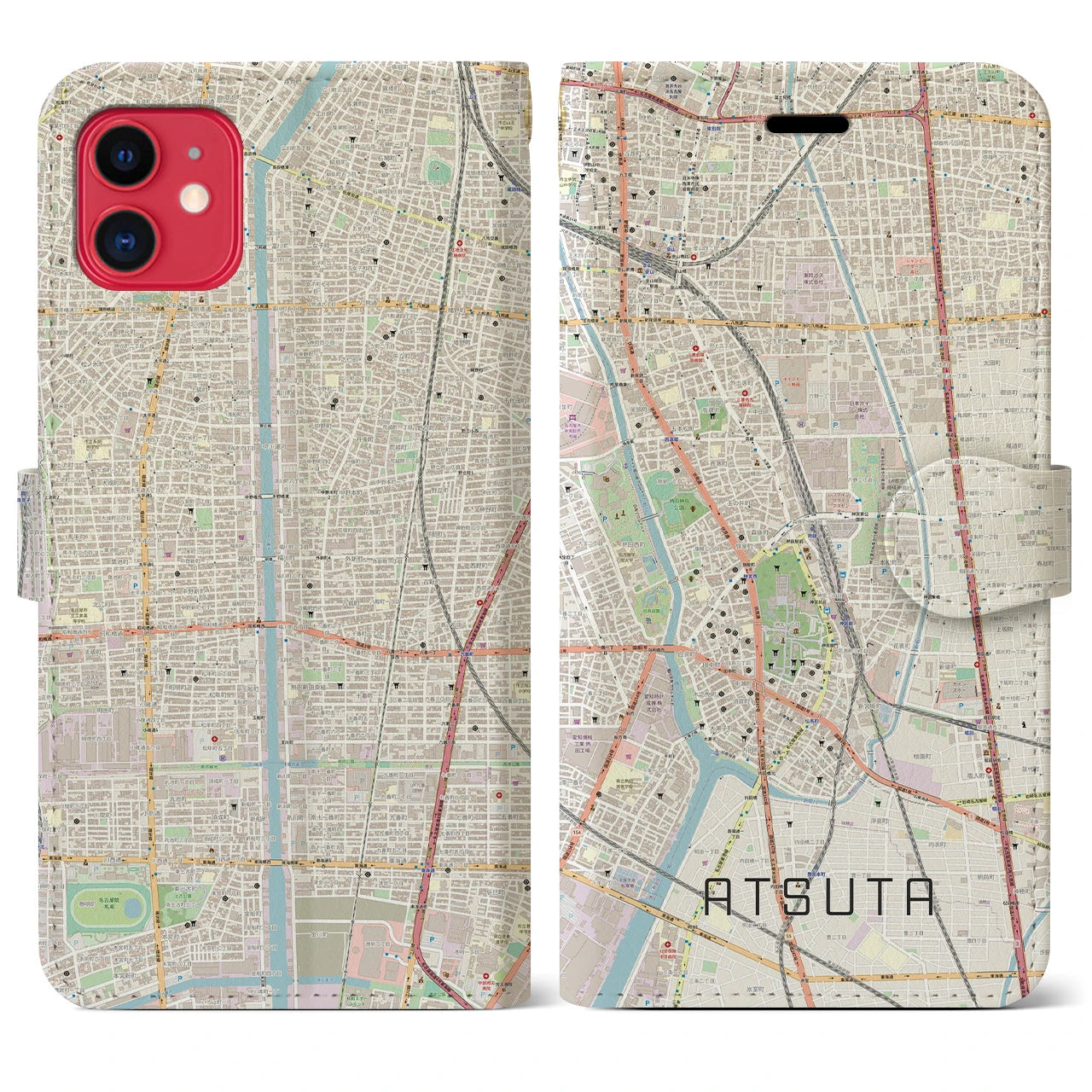 【熱田(愛知県)】地図柄iPhoneケース(手帳タイプ)ナチュラル・iPhone 11 用