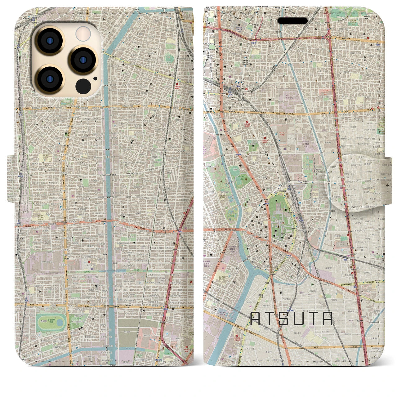 【熱田(愛知県)】地図柄iPhoneケース(手帳タイプ)ナチュラル・iPhone 12 Pro Max 用