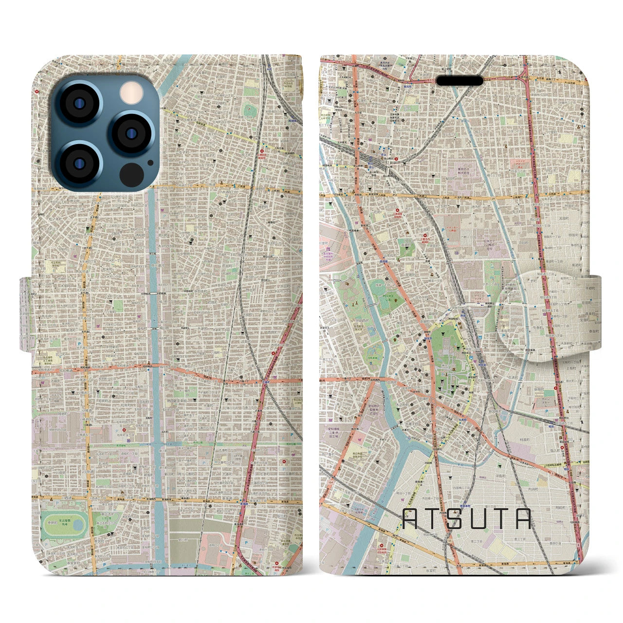 【熱田(愛知県)】地図柄iPhoneケース(手帳タイプ)ナチュラル・iPhone 12 / 12 Pro 用
