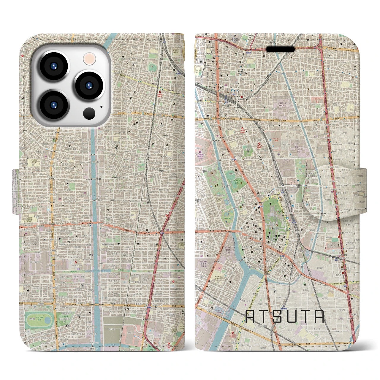 【熱田(愛知県)】地図柄iPhoneケース(手帳タイプ)ナチュラル・iPhone 13 Pro 用