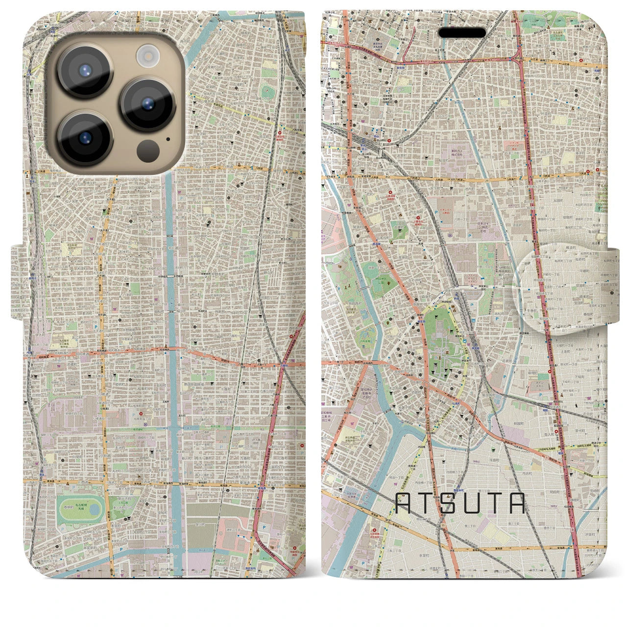 【熱田(愛知県)】地図柄iPhoneケース(手帳タイプ)ナチュラル・iPhone 14 Pro Max 用