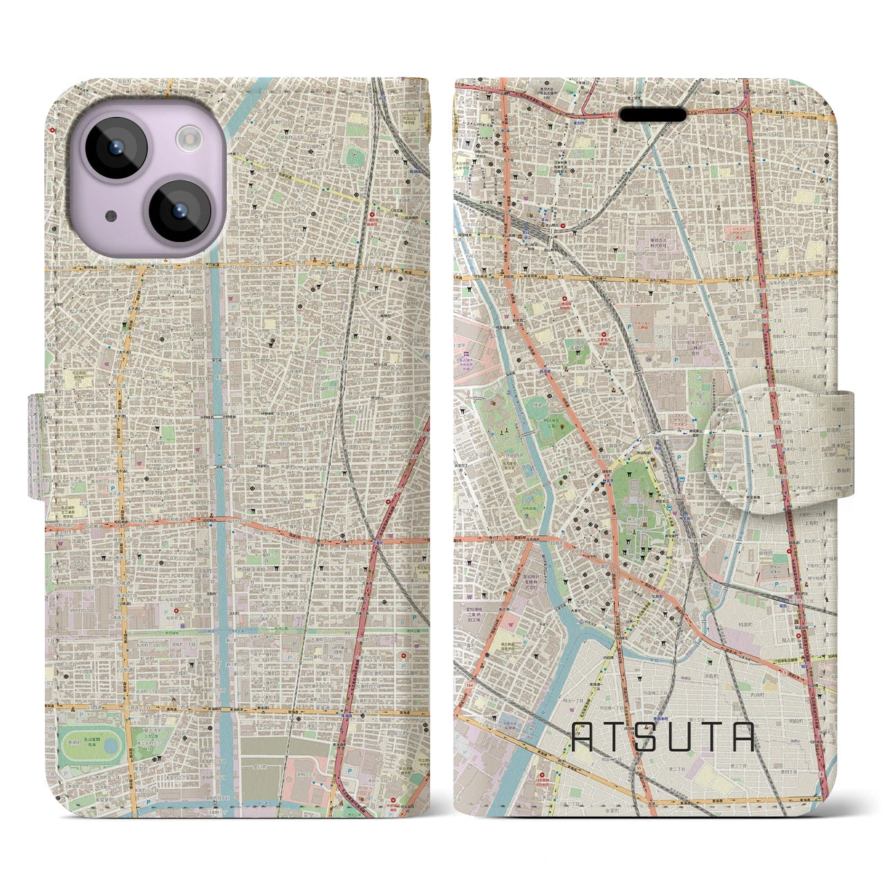 【熱田(愛知県)】地図柄iPhoneケース(手帳タイプ)ナチュラル・iPhone 14 用
