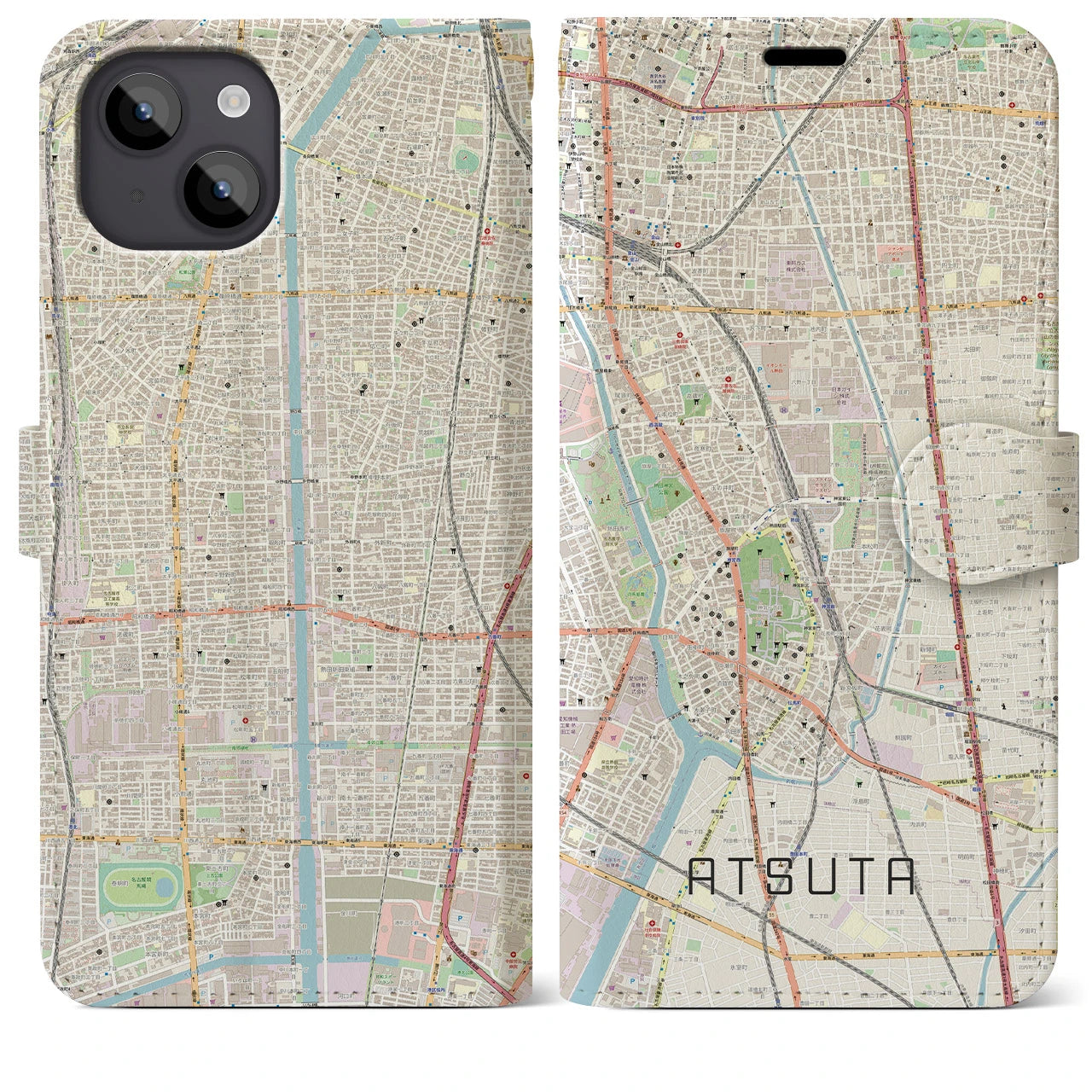 【熱田(愛知県)】地図柄iPhoneケース(手帳タイプ)ナチュラル・iPhone 14 Plus 用
