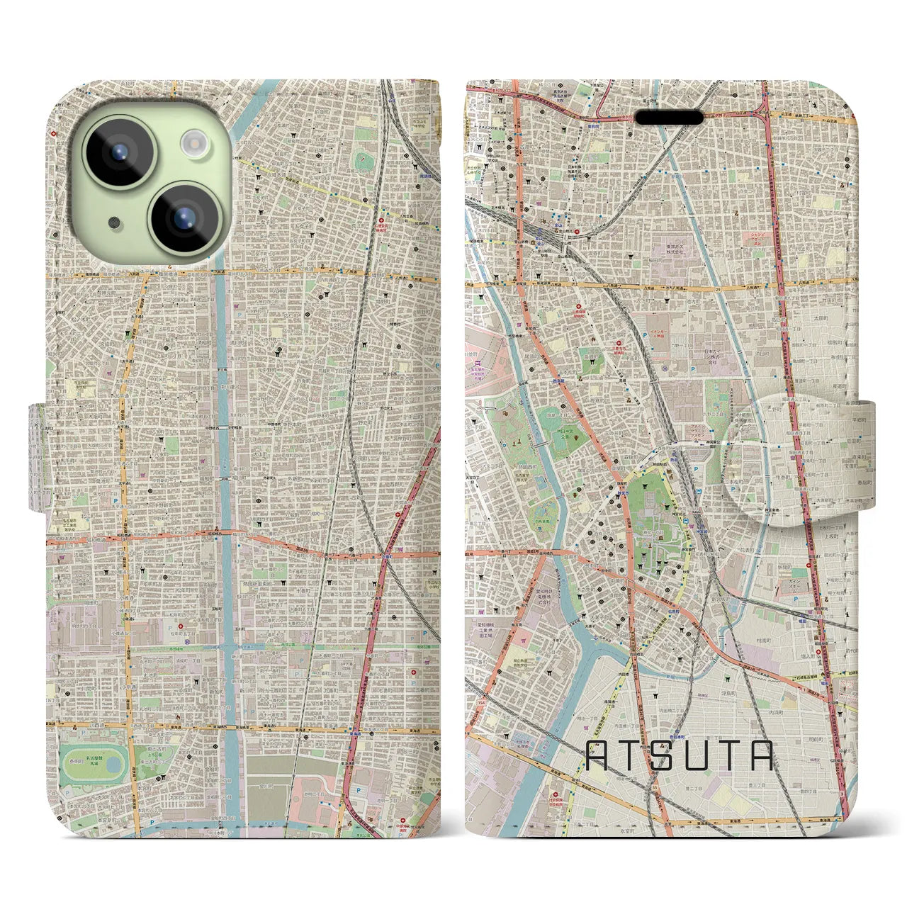 【熱田(愛知県)】地図柄iPhoneケース(手帳タイプ)ナチュラル・iPhone 15 用
