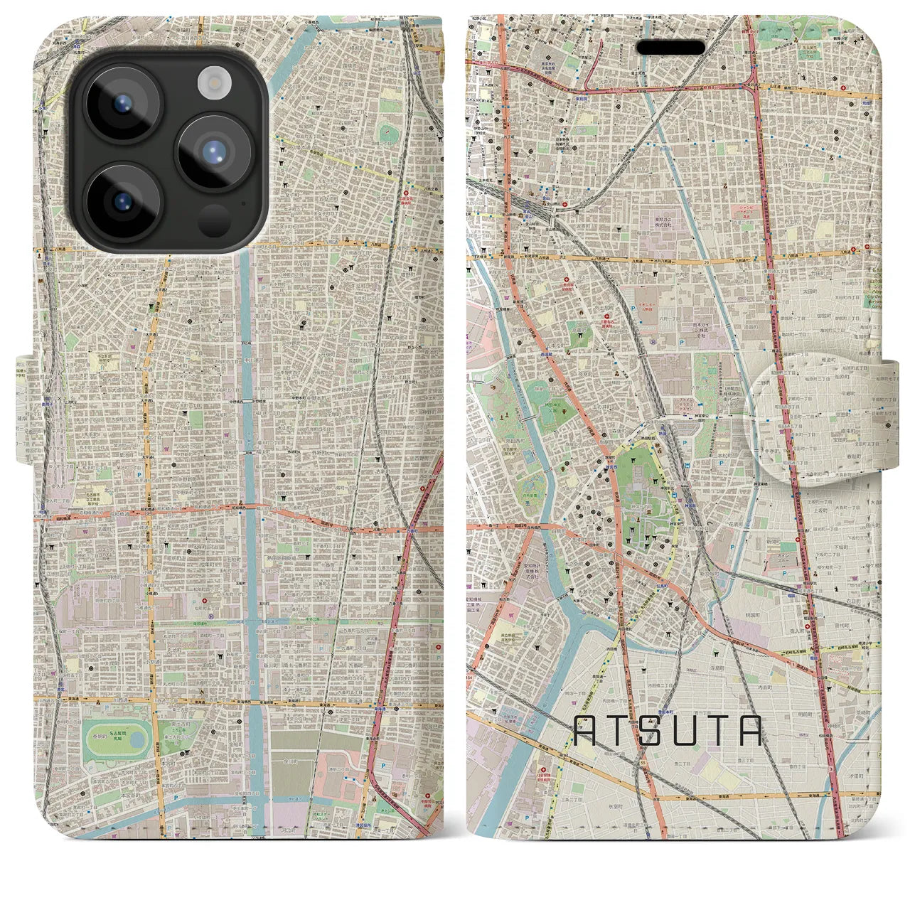 【熱田(愛知県)】地図柄iPhoneケース(手帳タイプ)ナチュラル・iPhone 15 Pro Max 用