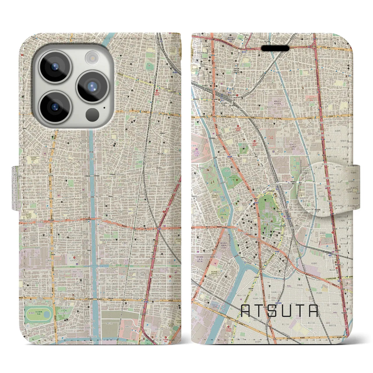 【熱田(愛知県)】地図柄iPhoneケース(手帳タイプ)ナチュラル・iPhone 15 Pro 用