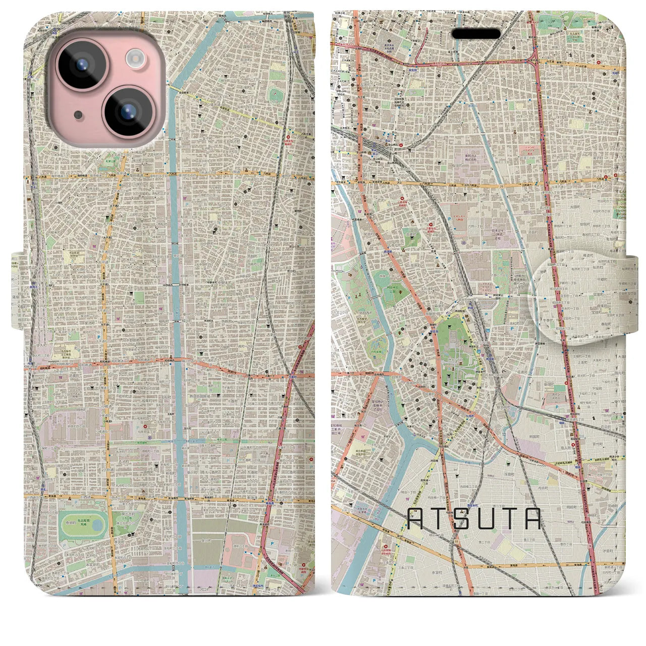 【熱田(愛知県)】地図柄iPhoneケース(手帳タイプ)ナチュラル・iPhone 15 Plus 用