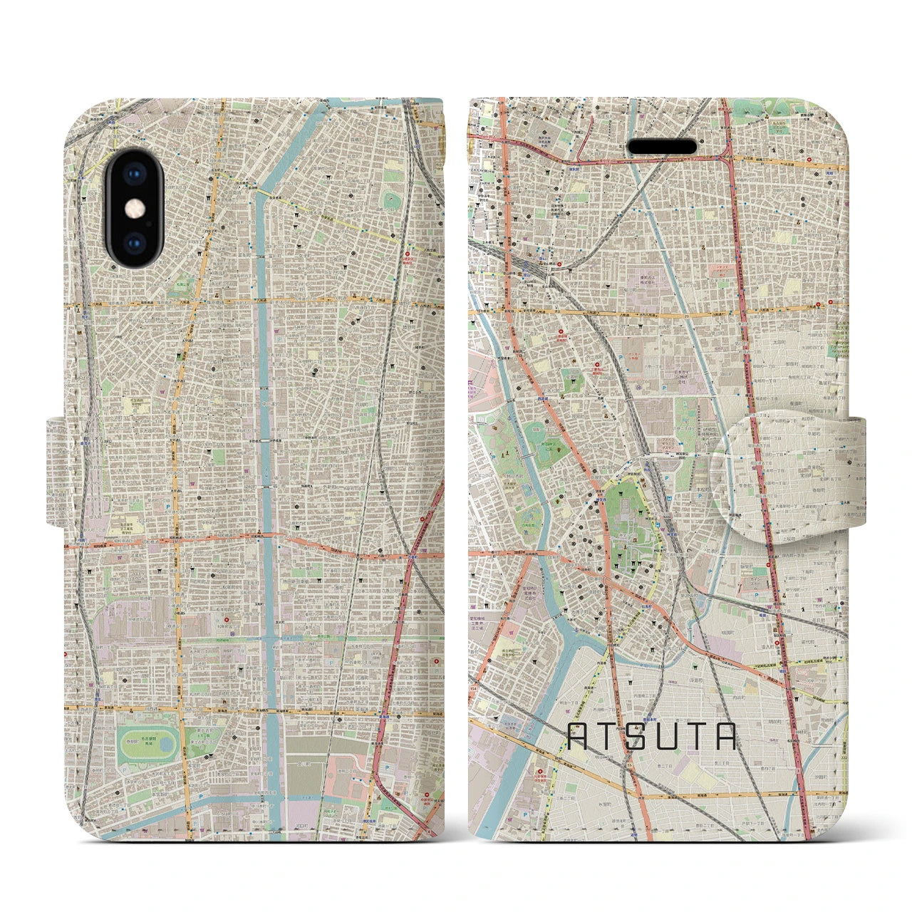 【熱田(愛知県)】地図柄iPhoneケース(手帳タイプ)ナチュラル・iPhone XS / X 用