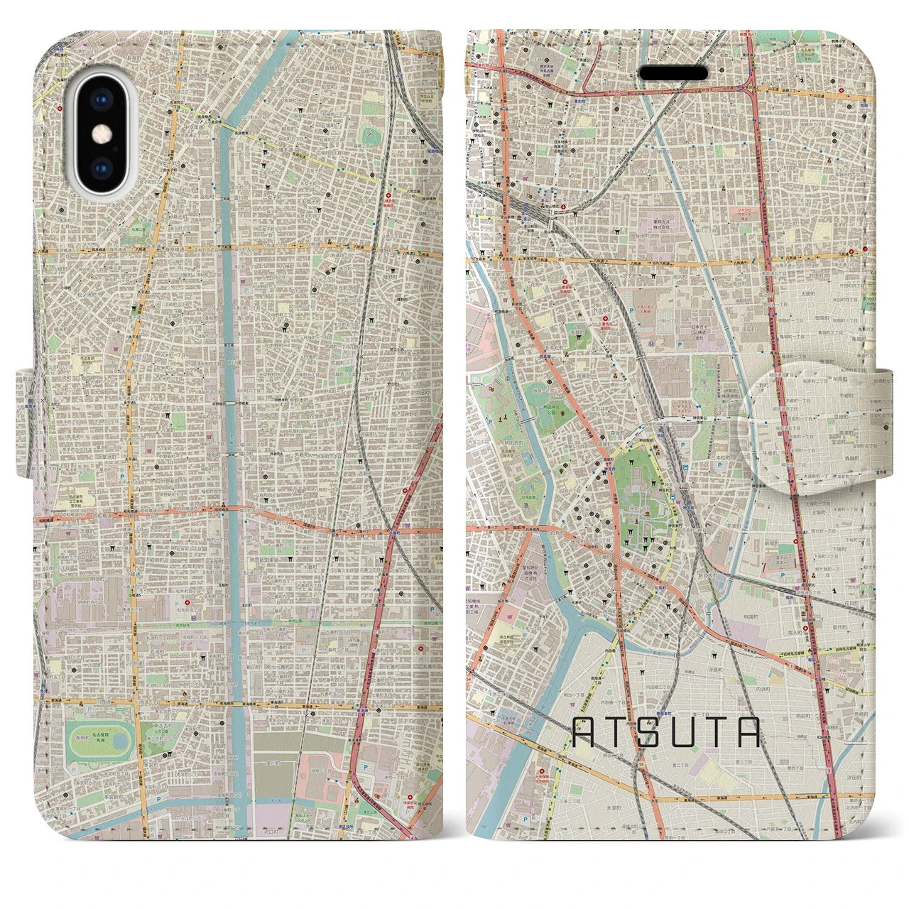 【熱田(愛知県)】地図柄iPhoneケース(手帳タイプ)ナチュラル・iPhone XS Max 用