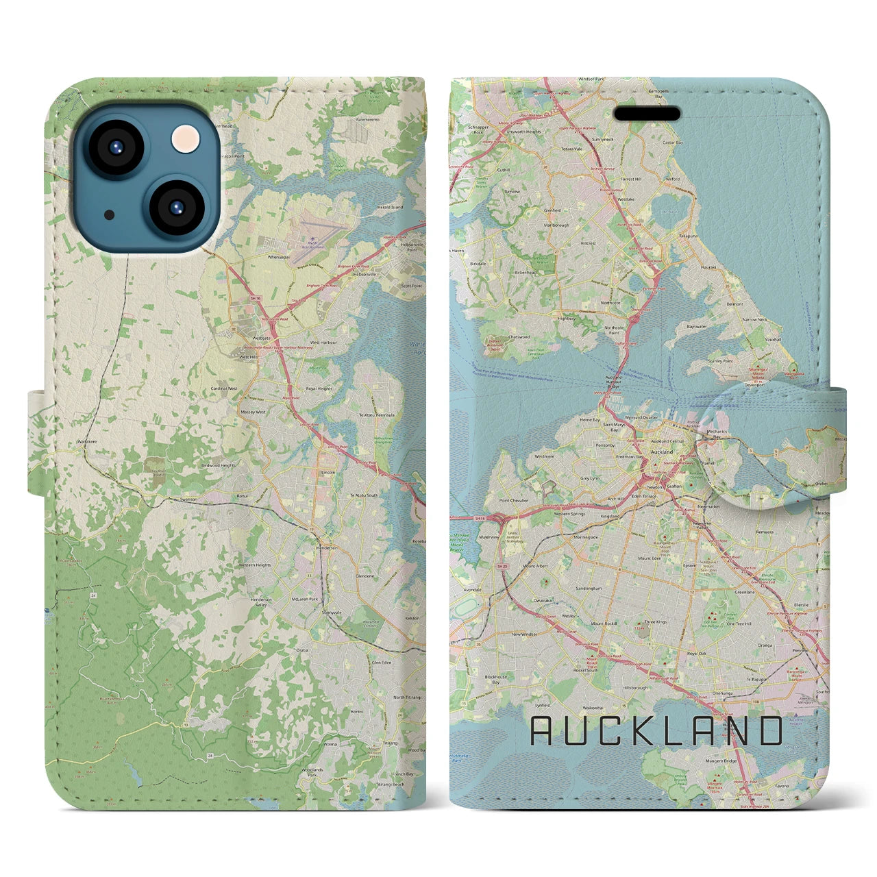 【オークランド(ニュージーランド)】地図柄iPhoneケース(手帳タイプ)ナチュラル・iPhone 13 用