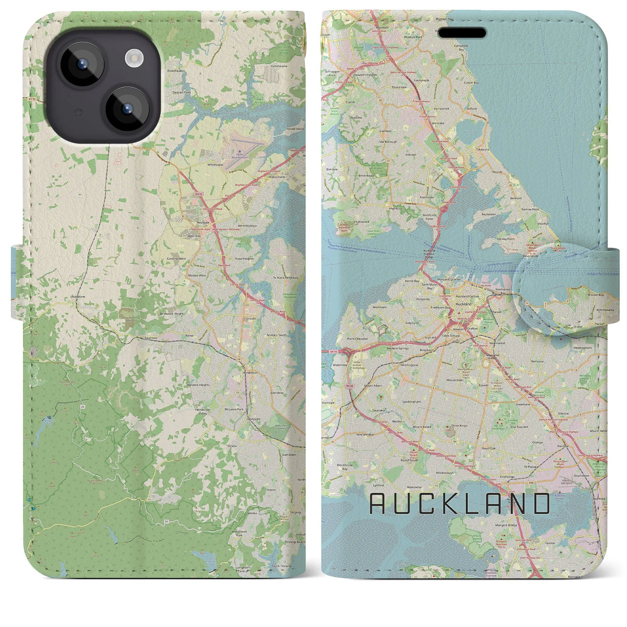 【オークランド(ニュージーランド)】地図柄iPhoneケース(手帳タイプ)ナチュラル・iPhone 14 Plus 用