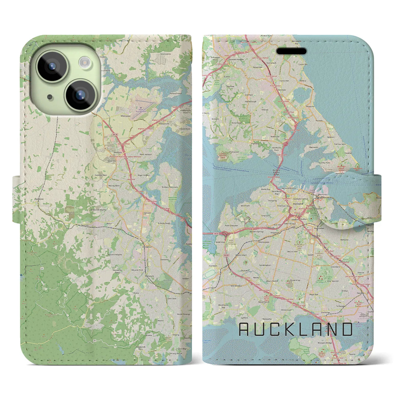【オークランド(ニュージーランド)】地図柄iPhoneケース(手帳タイプ)ナチュラル・iPhone 15 用