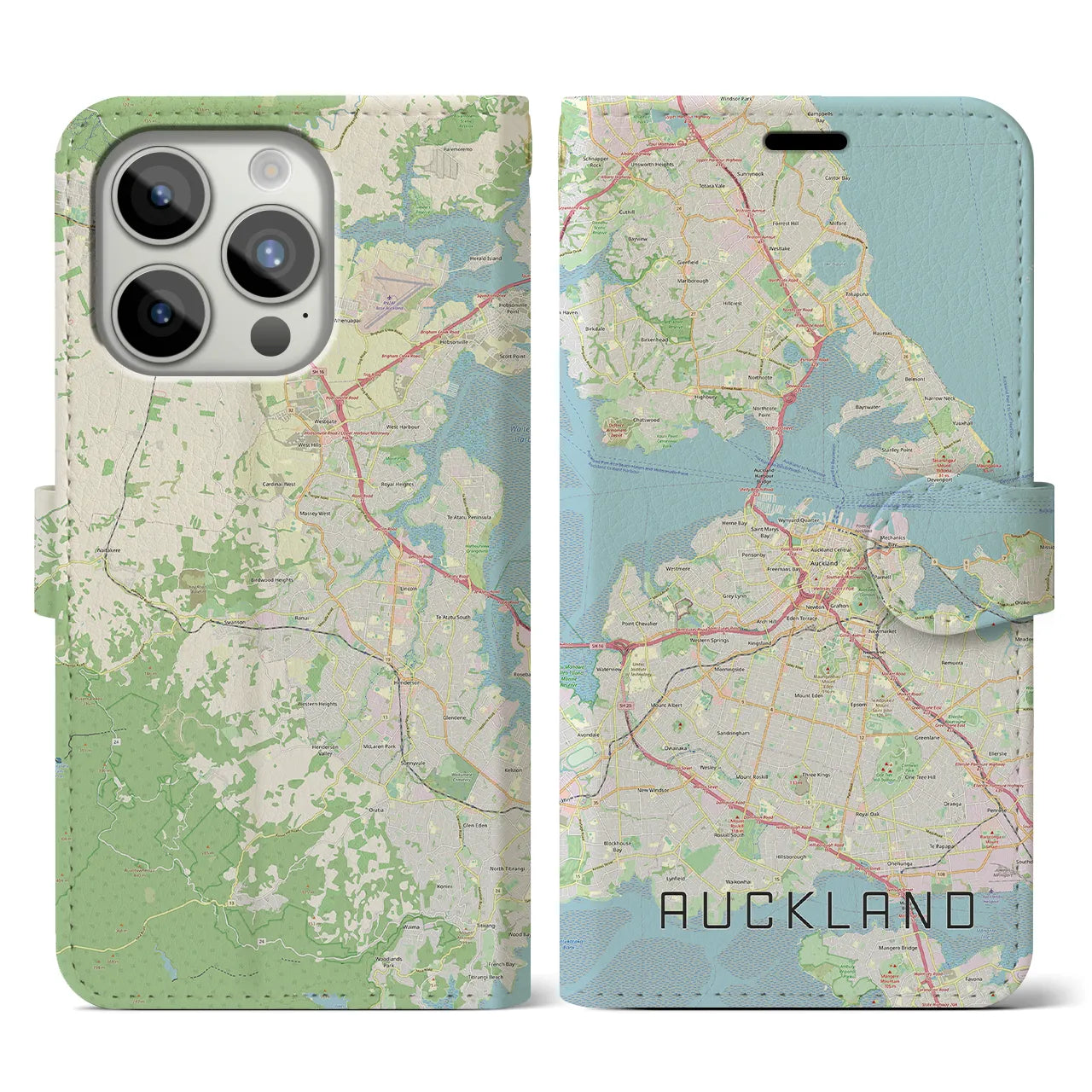【オークランド(ニュージーランド)】地図柄iPhoneケース(手帳タイプ)ナチュラル・iPhone 15 Pro 用
