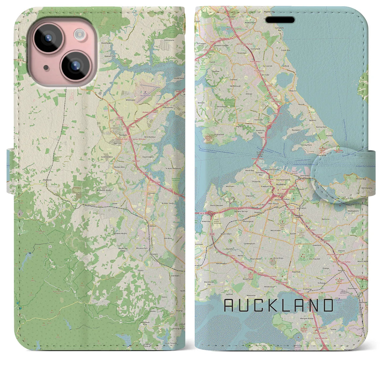 【オークランド(ニュージーランド)】地図柄iPhoneケース(手帳タイプ)ナチュラル・iPhone 15 Plus 用