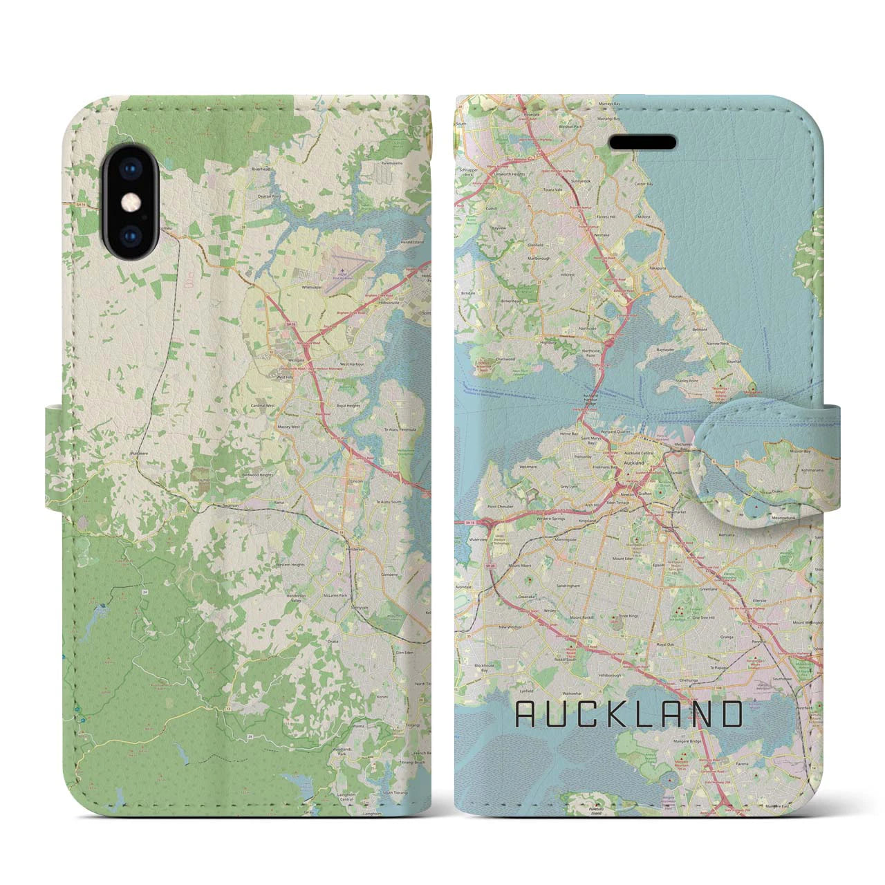 【オークランド(ニュージーランド)】地図柄iPhoneケース(手帳タイプ)ナチュラル・iPhone XS / X 用