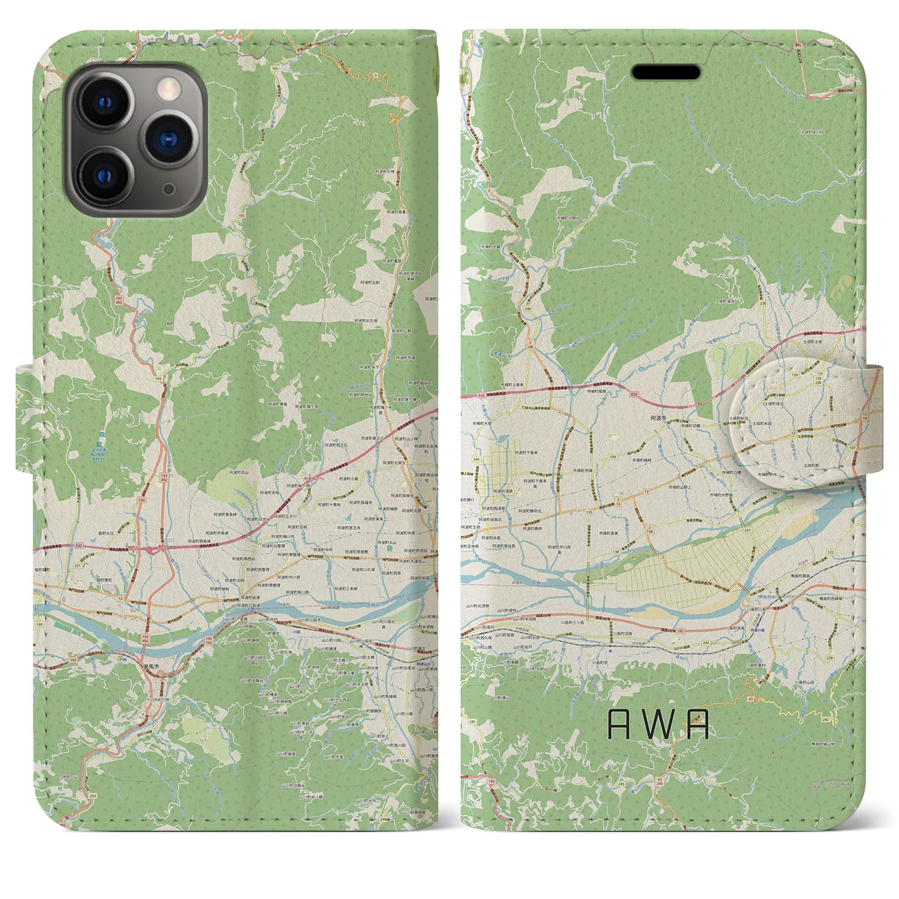 【阿波(徳島県)】地図柄iPhoneケース(手帳タイプ)ナチュラル・iPhone 11 Pro Max 用