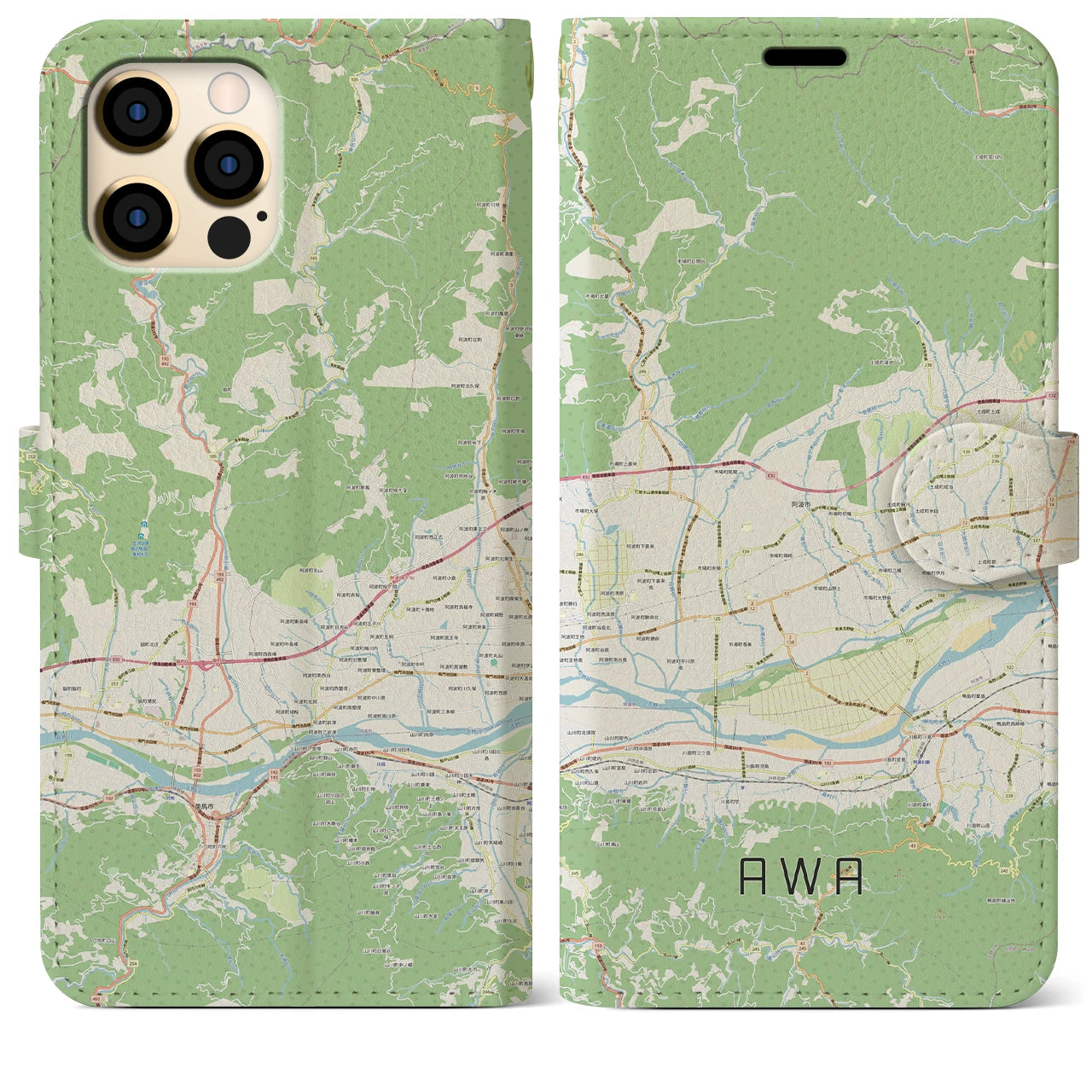 【阿波(徳島県)】地図柄iPhoneケース(手帳タイプ)ナチュラル・iPhone 12 Pro Max 用