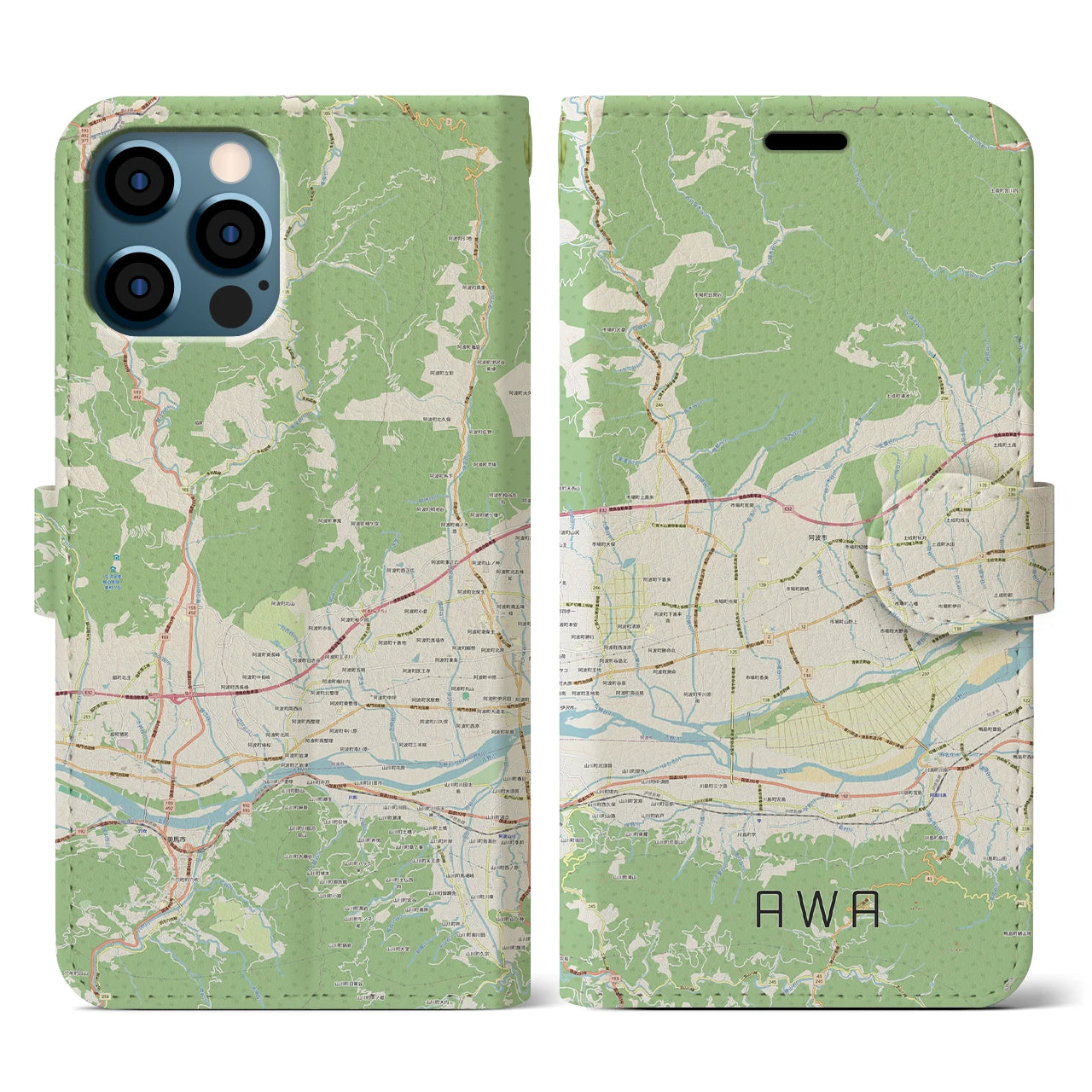 【阿波(徳島県)】地図柄iPhoneケース(手帳タイプ)ナチュラル・iPhone 12 / 12 Pro 用