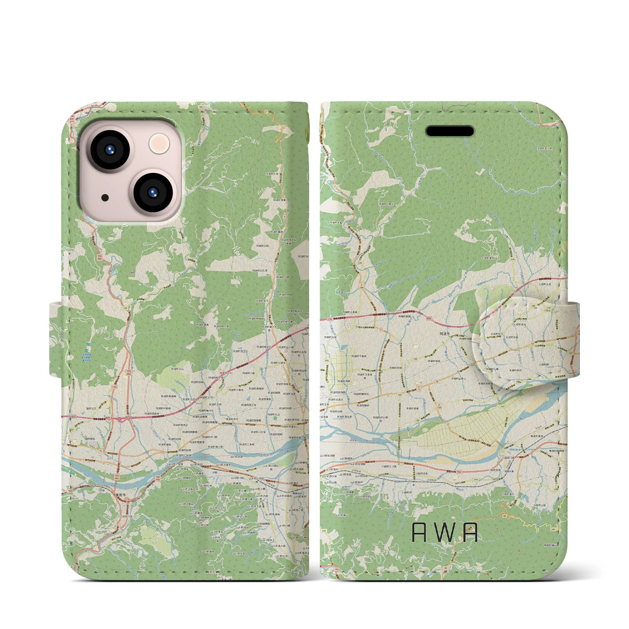 【阿波(徳島県)】地図柄iPhoneケース(手帳タイプ)ナチュラル・iPhone 13 mini 用