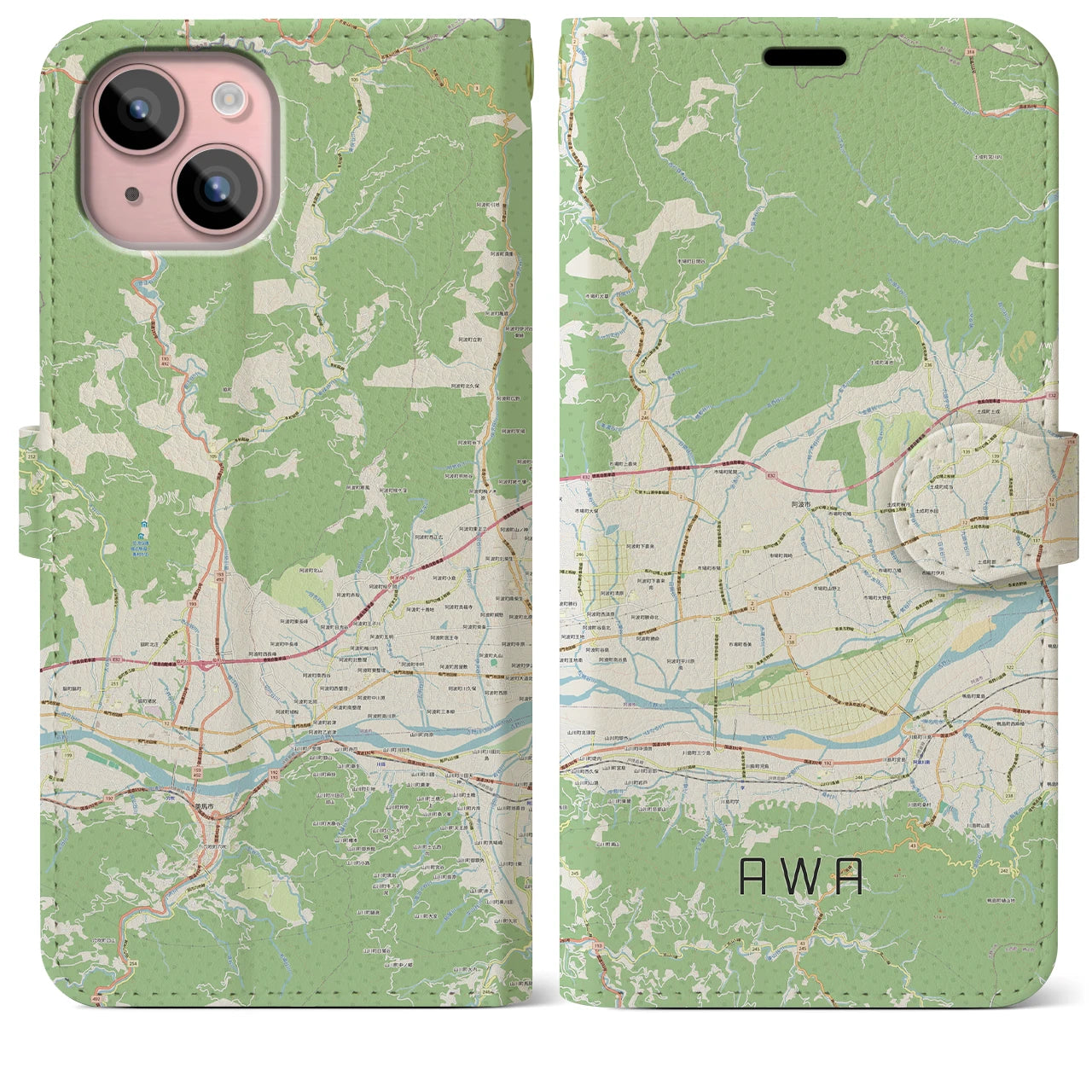 【阿波(徳島県)】地図柄iPhoneケース(手帳タイプ)ナチュラル・iPhone 15 Plus 用