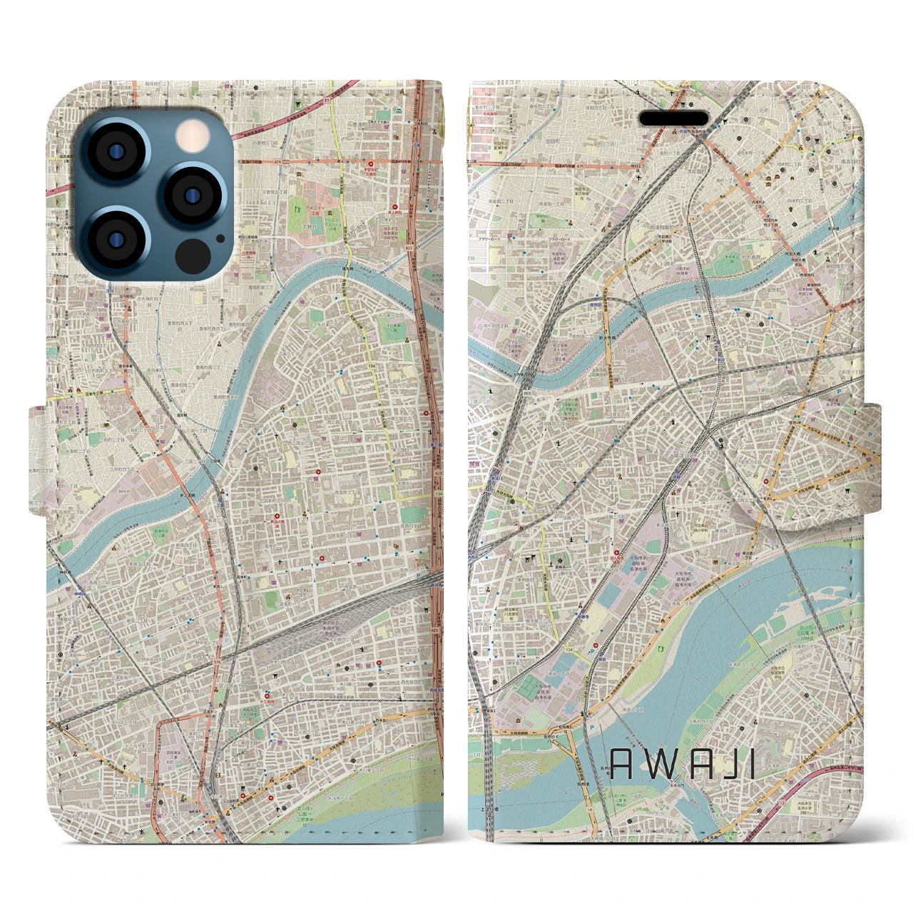 【淡路(大阪府)】地図柄iPhoneケース(手帳タイプ)ナチュラル・iPhone 12 / 12 Pro 用