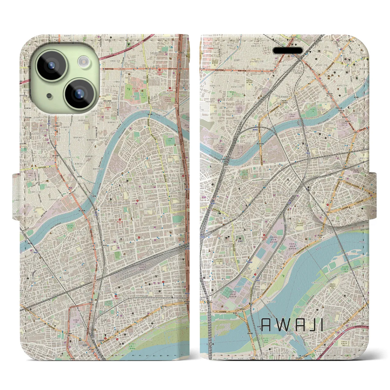 【淡路(大阪府)】地図柄iPhoneケース(手帳タイプ)ナチュラル・iPhone 15 用