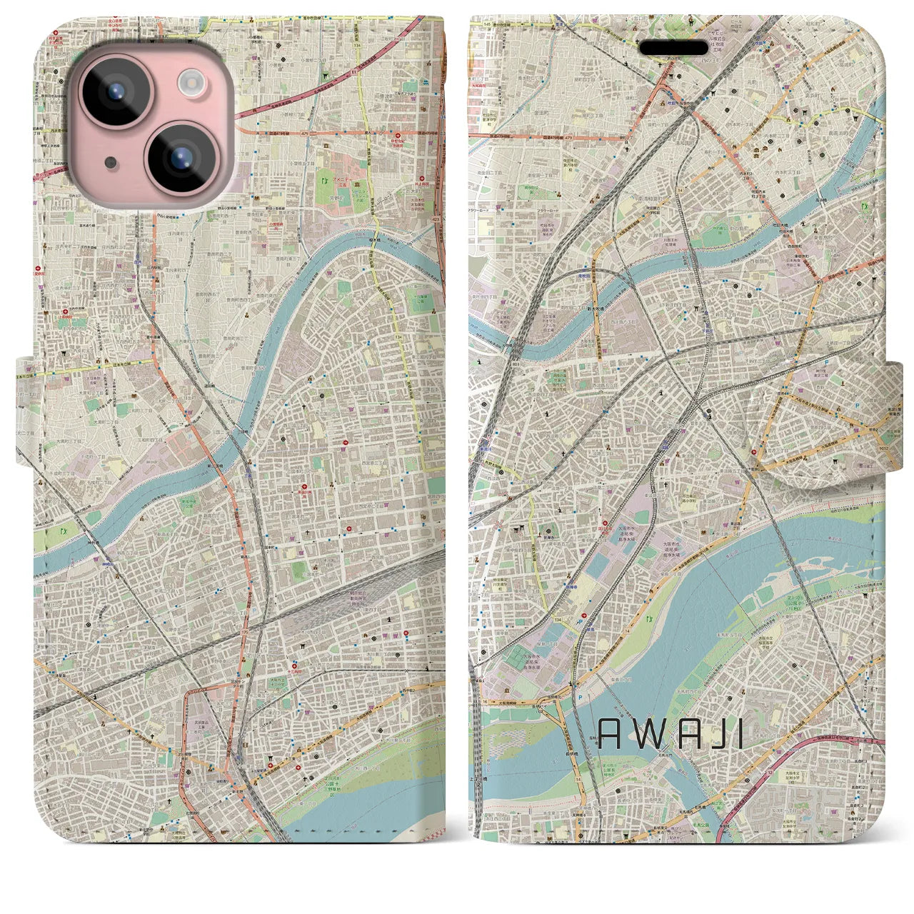 【淡路(大阪府)】地図柄iPhoneケース(手帳タイプ)ナチュラル・iPhone 15 Plus 用