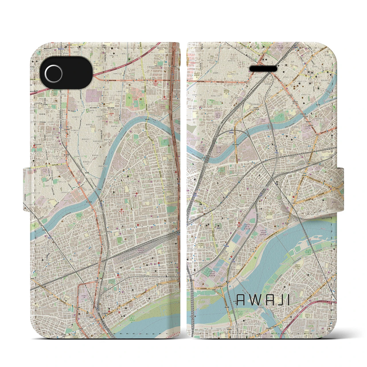 【淡路(大阪府)】地図柄iPhoneケース(手帳タイプ)ナチュラル・iPhone SE(第3 / 第2世代) / 8 / 7 / 6s / 6 用