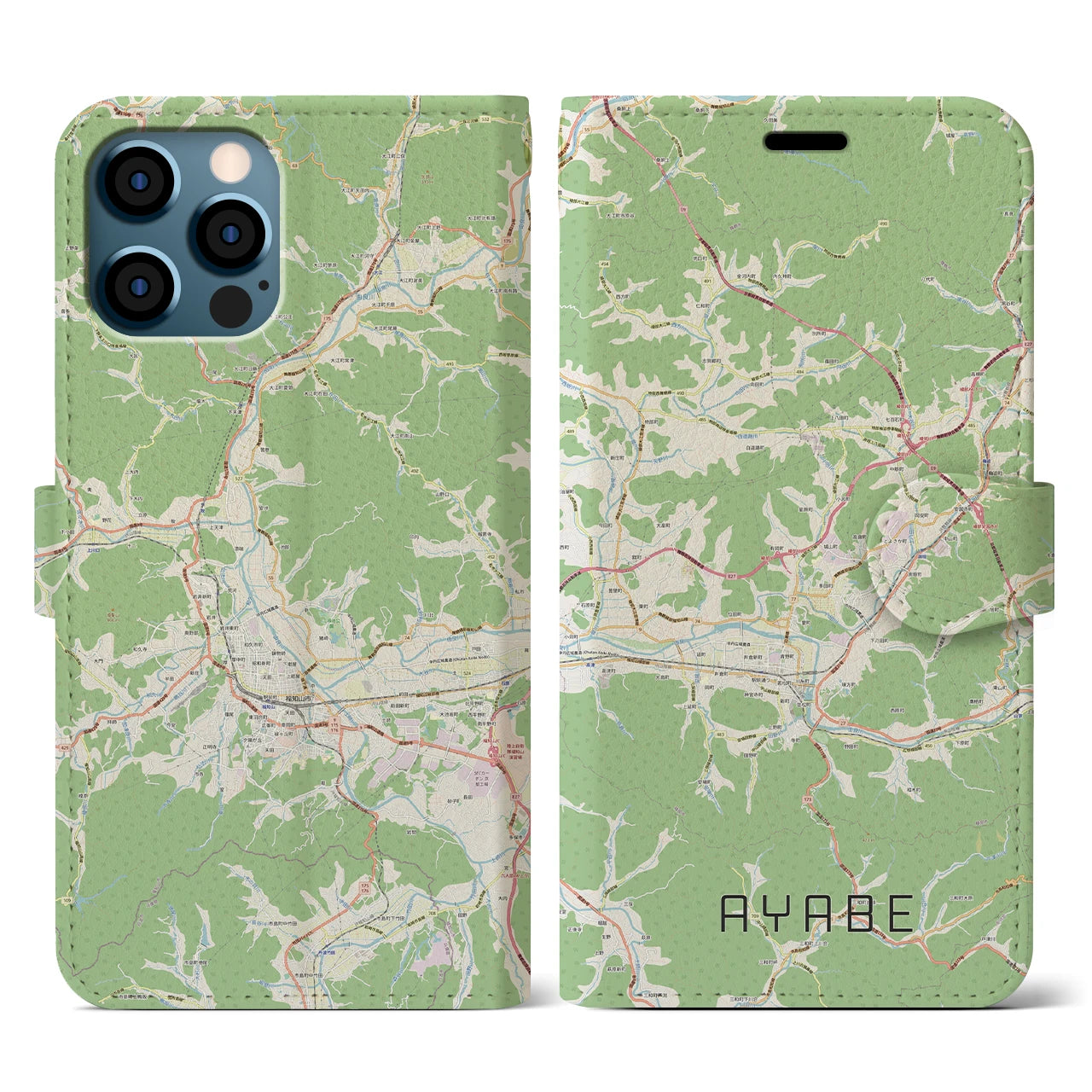 【綾部(京都府)】地図柄iPhoneケース(手帳タイプ)ナチュラル・iPhone 12 / 12 Pro 用