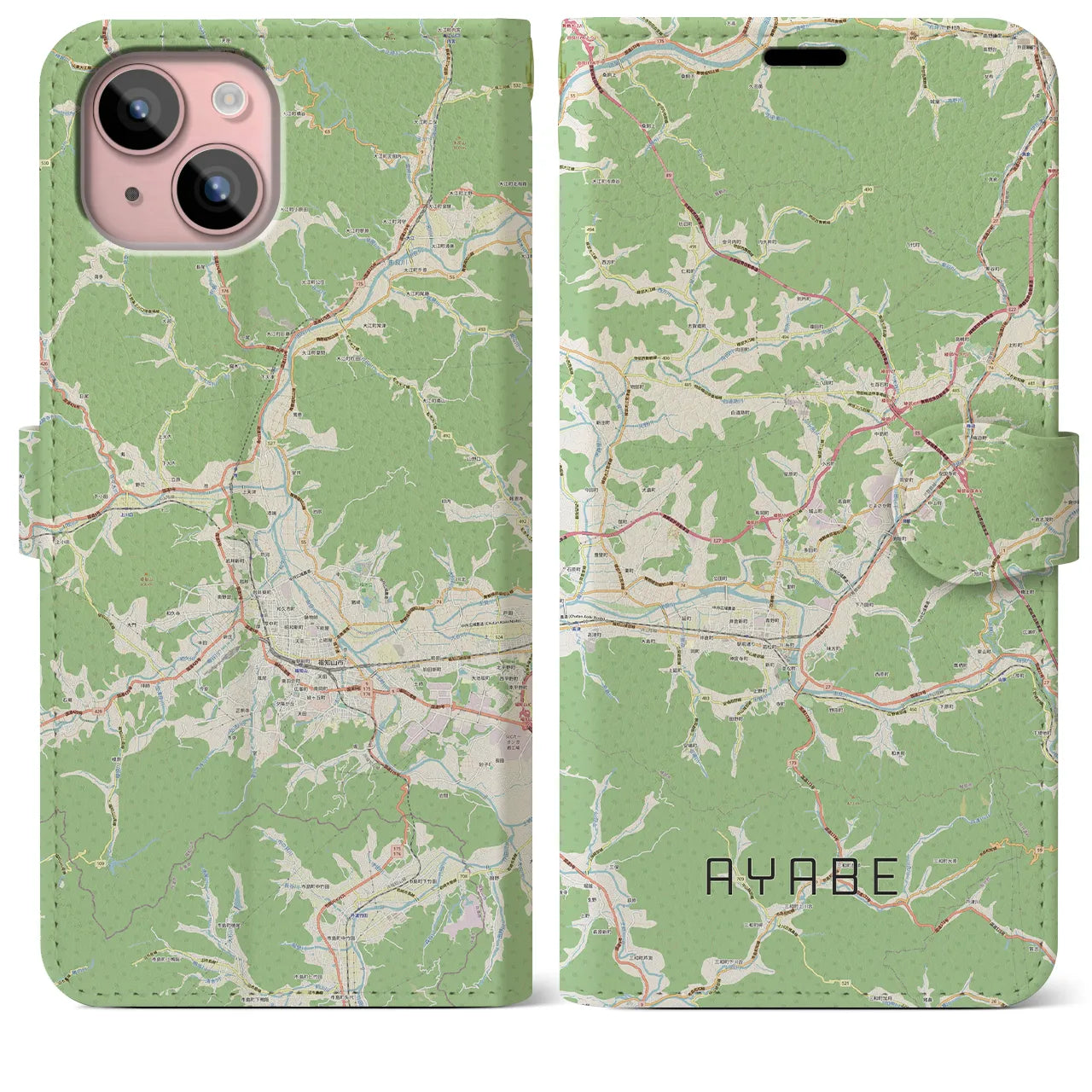 【綾部(京都府)】地図柄iPhoneケース(手帳タイプ)ナチュラル・iPhone 15 Plus 用