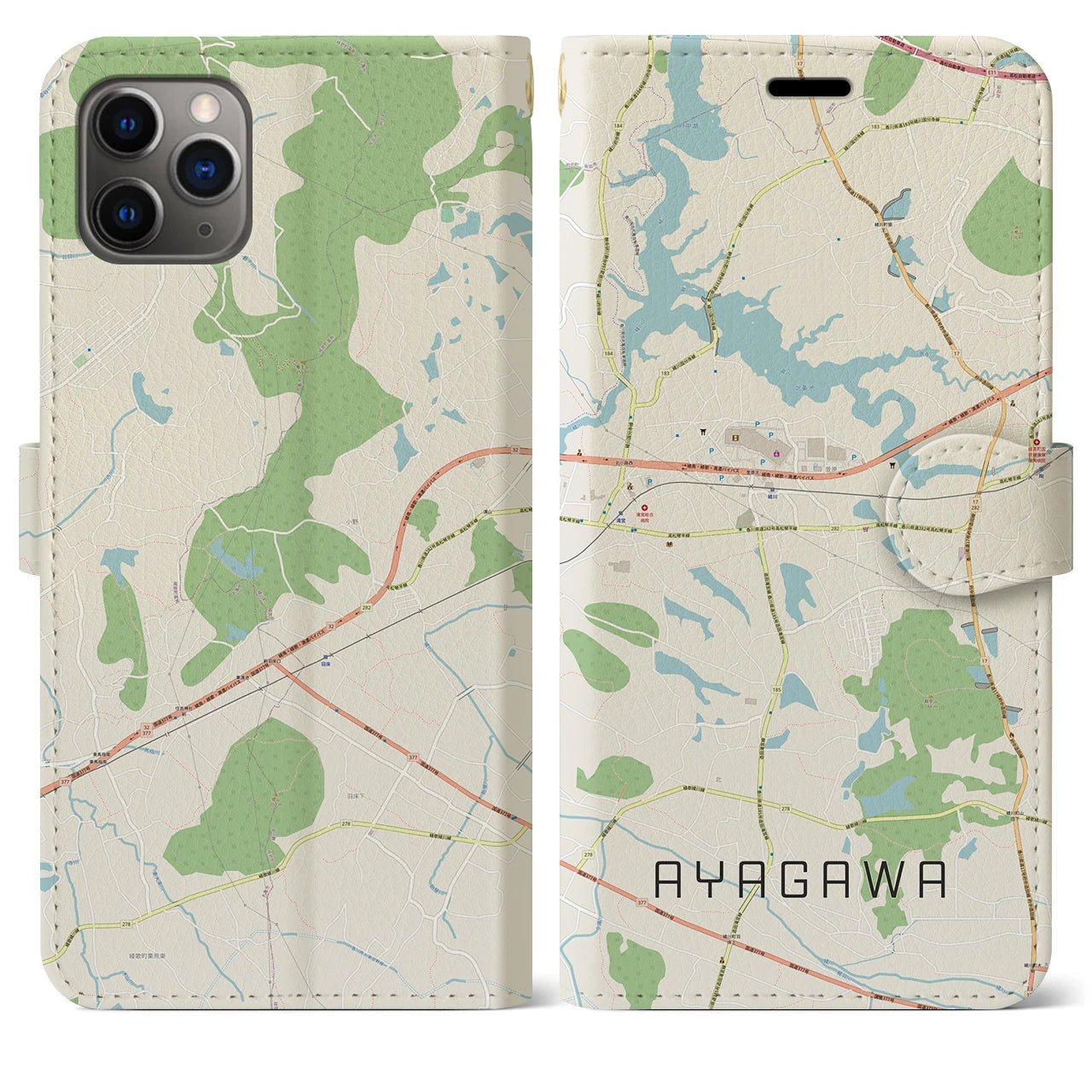 【綾川(香川県)】地図柄iPhoneケース(手帳タイプ)ナチュラル・iPhone 11 Pro Max 用