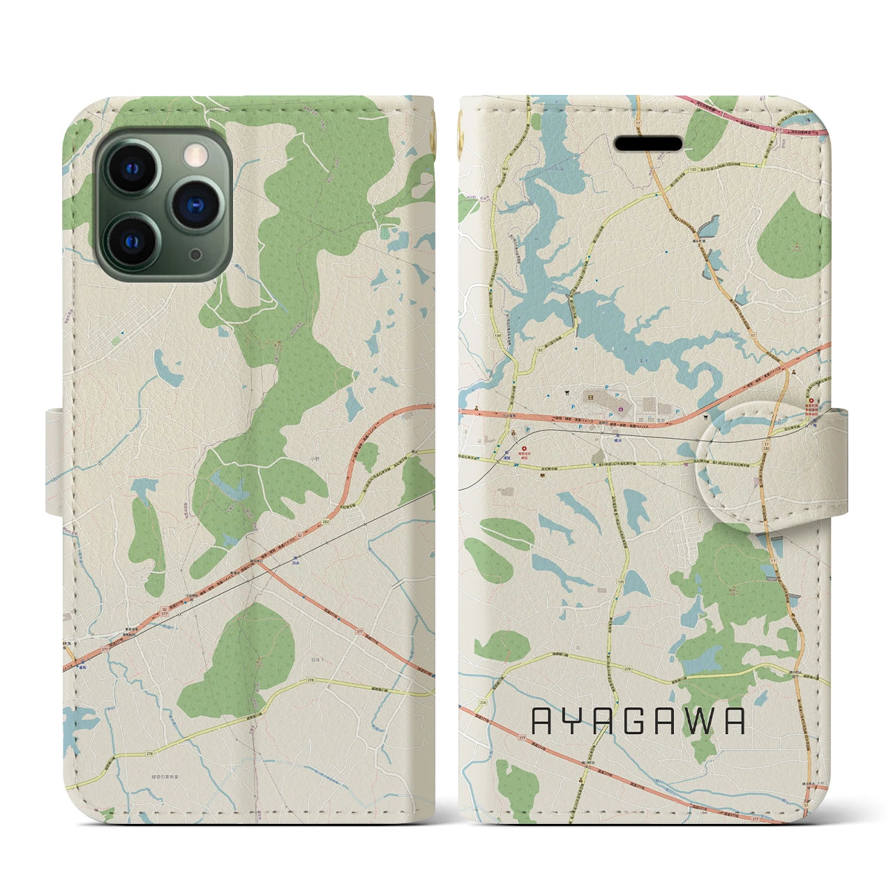 【綾川(香川県)】地図柄iPhoneケース(手帳タイプ)ナチュラル・iPhone 11 Pro 用