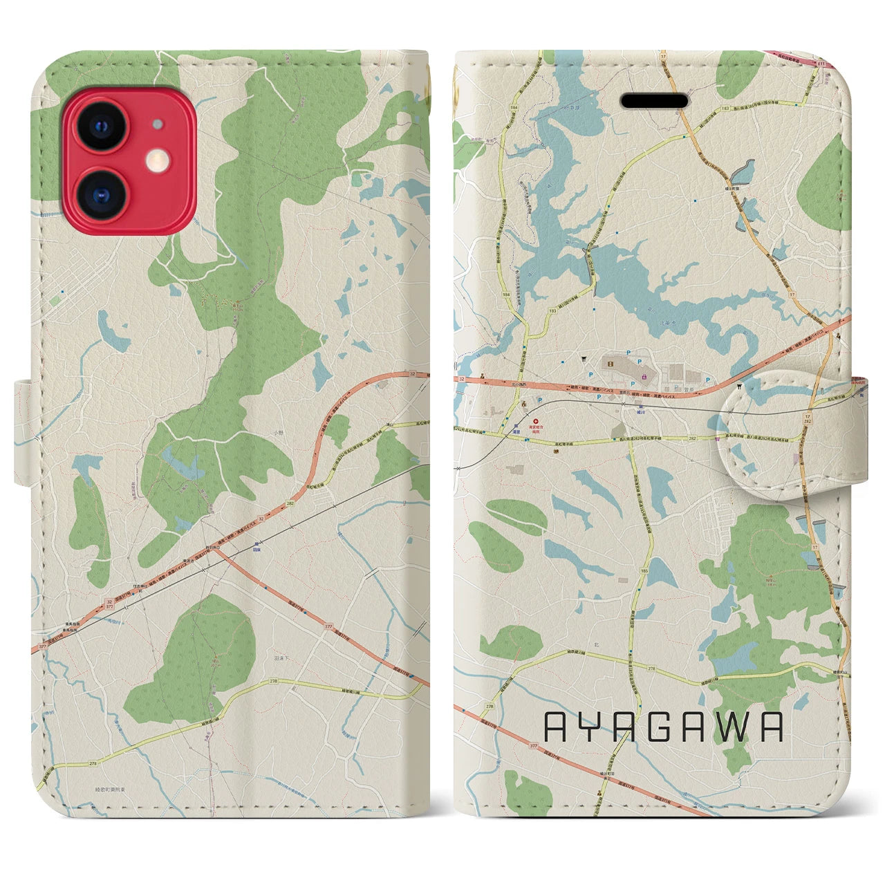 【綾川(香川県)】地図柄iPhoneケース(手帳タイプ)ナチュラル・iPhone 11 用