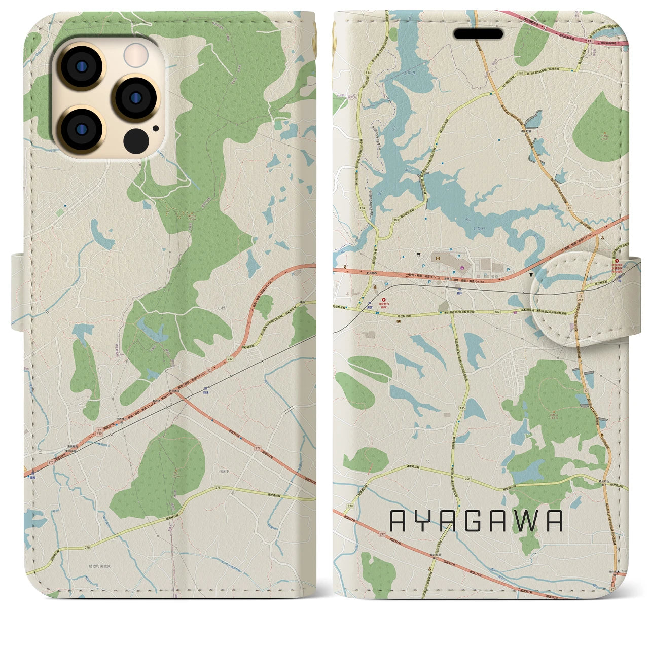 【綾川(香川県)】地図柄iPhoneケース(手帳タイプ)ナチュラル・iPhone 12 Pro Max 用