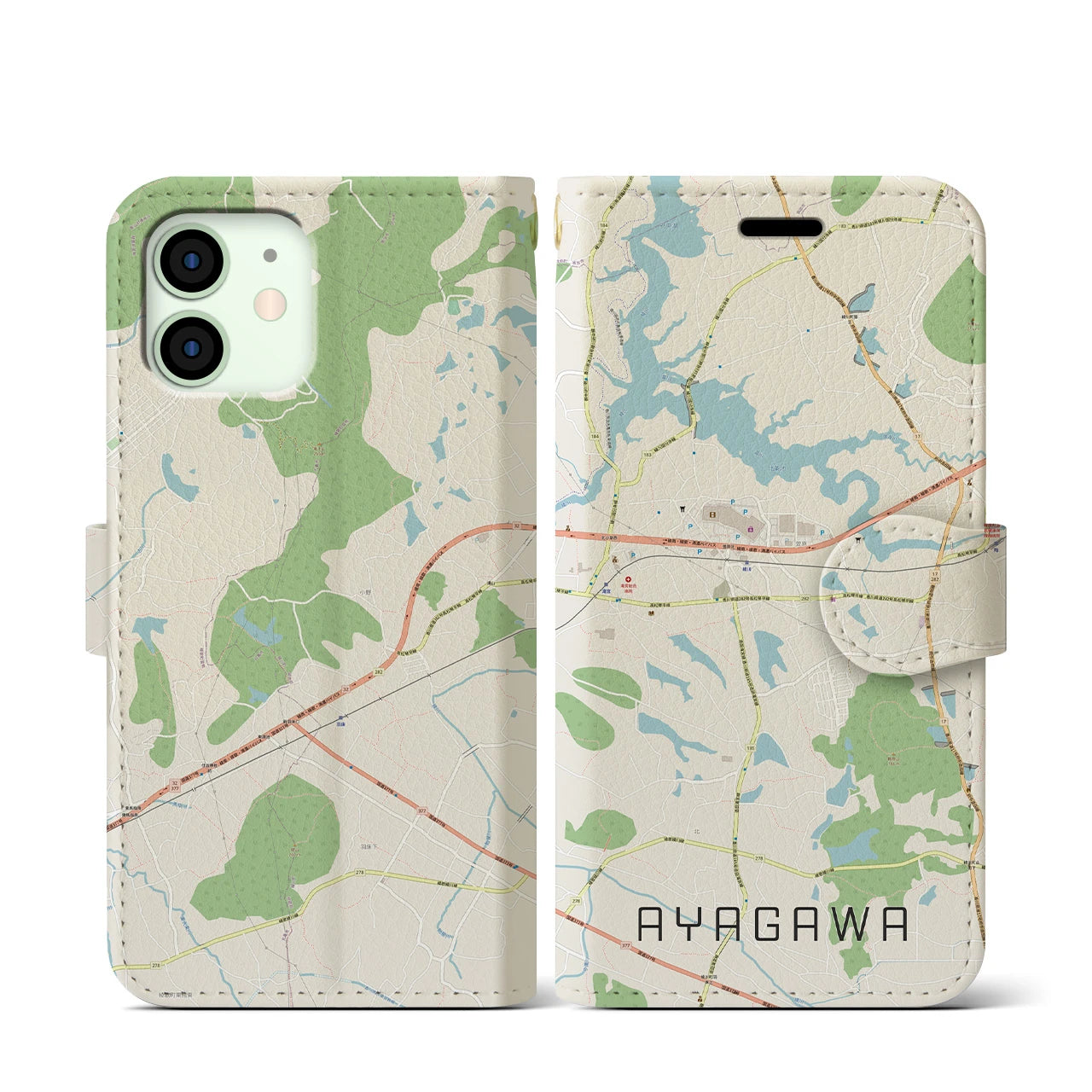 【綾川(香川県)】地図柄iPhoneケース(手帳タイプ)ナチュラル・iPhone 12 mini 用