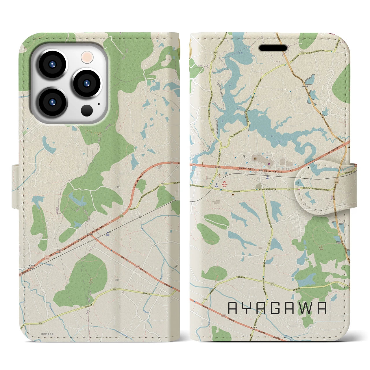 【綾川(香川県)】地図柄iPhoneケース(手帳タイプ)ナチュラル・iPhone 13 Pro 用